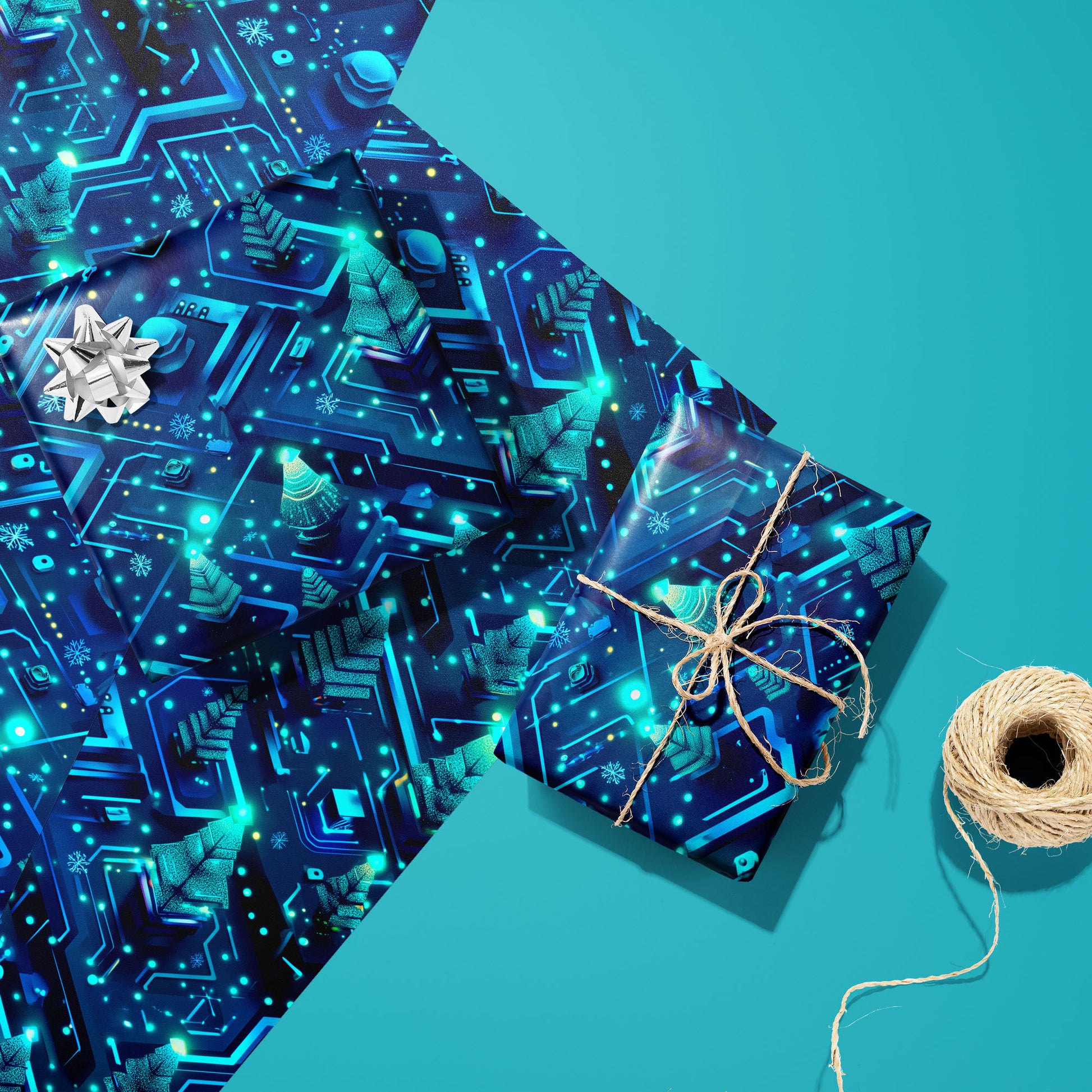 Two gifts in Xmas Grid—one with a silver bow, one tied with twine—rest on two unused sheets beside a twine spool on a teal surface, glowing with circuit lines and tiny trees.