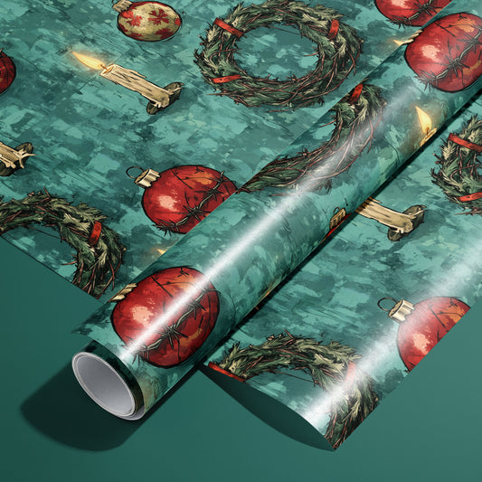 A roll of A Dystopian Christmas resting on a matching unrolled sheet, featuring barbed-wire ornaments, rough wreaths, and dripping candles on a textured teal ground over a deep green surface.