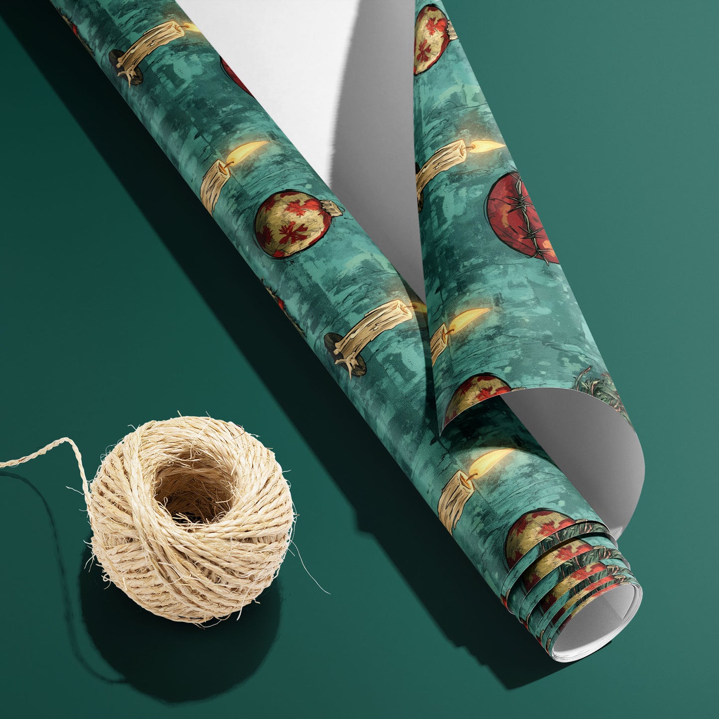 A partially unfurled A Dystopian Christmas roll with its white underside visible beside a spool of natural twine on deep green, showing barbed-wire ornaments and candles on a stained teal backdrop.
