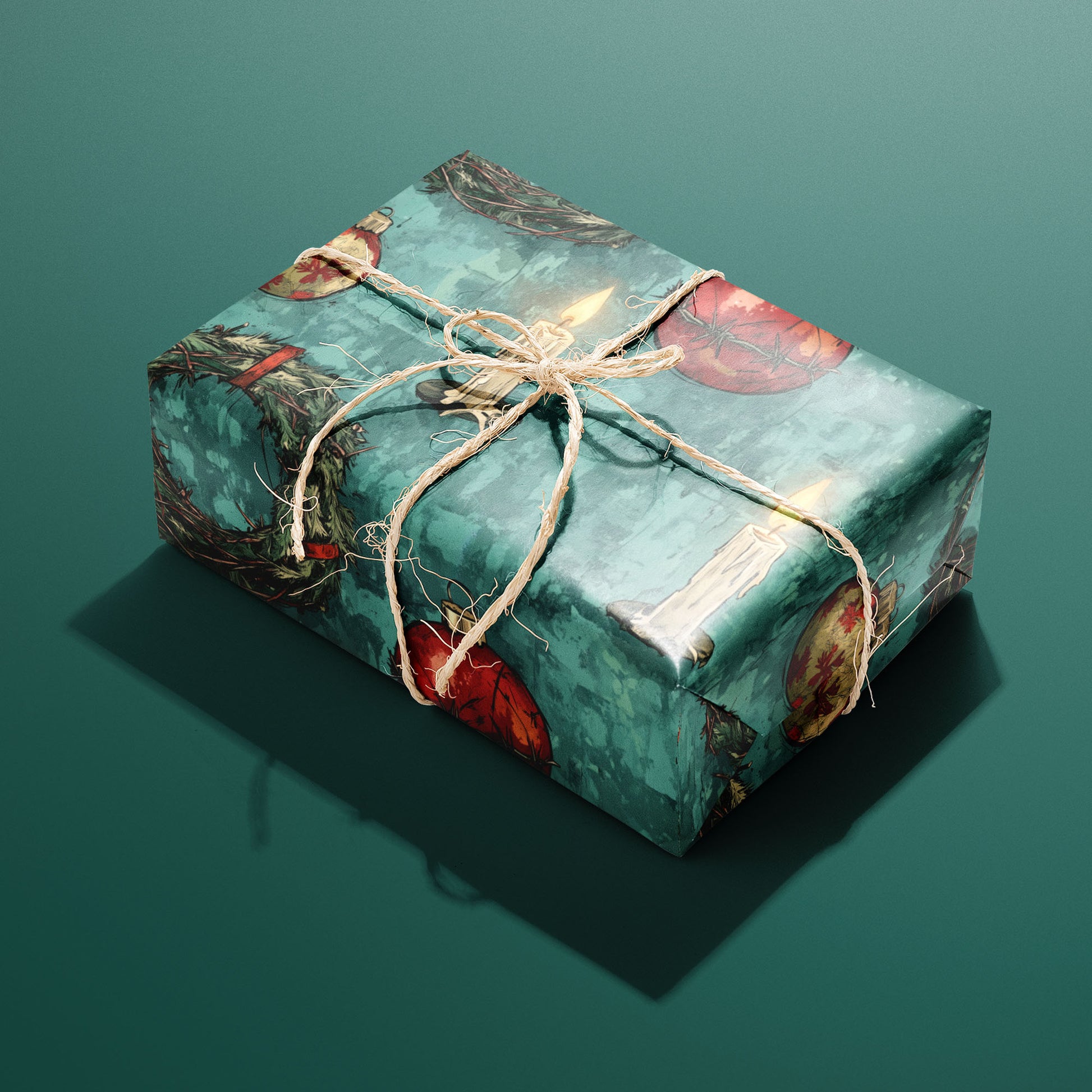 A single rectangular gift wrapped in A Dystopian Christmas and tied with natural twine, the barbed baubles, wreaths, and candles stark against the textured teal background on deep green.
