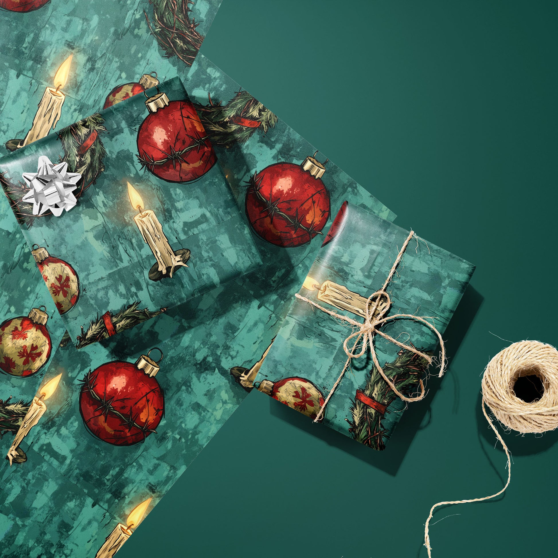 Two gifts in A Dystopian Christmas—one with a silver bow and one tied with twine—rest on two unused sheets beside a twine spool on deep green, with barbed ornaments and candles.