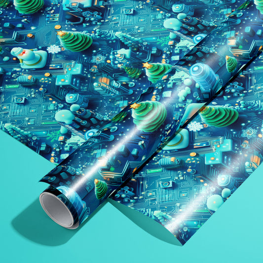 A roll of Christmas Circuitropolis on a matching unrolled sheet, with neon circuitry, spiral star-topped trees, snowmen and snowflakes on deep blue, set on an aqua surface.
