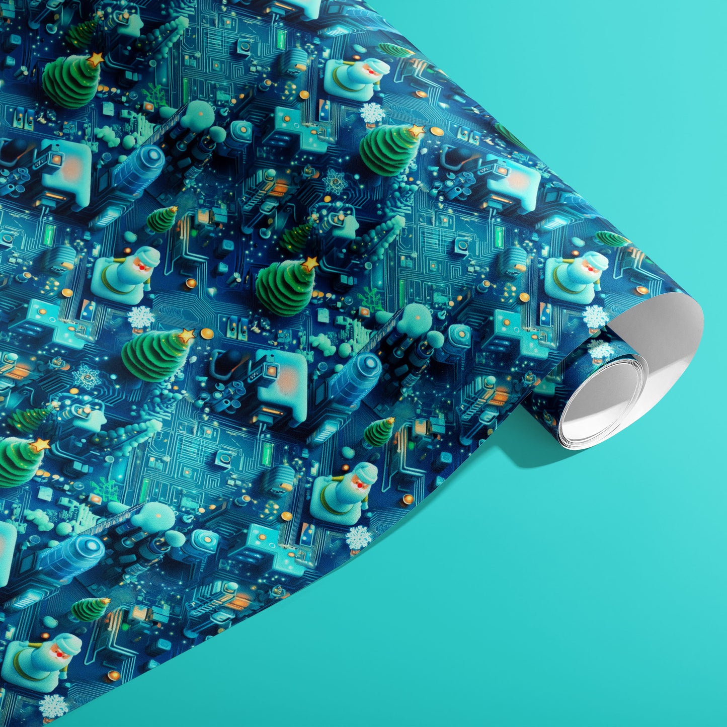 A partially unfurled roll of Christmas Circuitropolis showing deep-blue circuit boards with microchips, glowing orbs, spiral trees and snowmen on an aqua background.