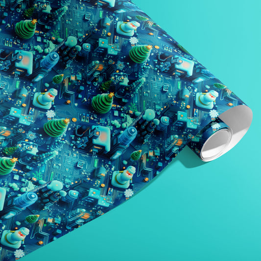 A partially unfurled roll of Christmas Circuitropolis showing deep-blue circuit boards with microchips, glowing orbs, spiral trees and snowmen on an aqua background.