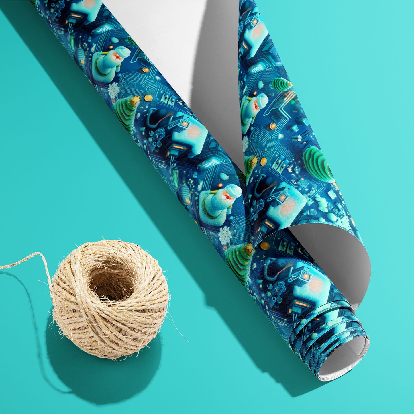 A partially unfurled Christmas Circuitropolis roll with its white underside beside a spool of natural twine on aqua, featuring circuit paths, spiral trees, snowmen and snowflakes.
