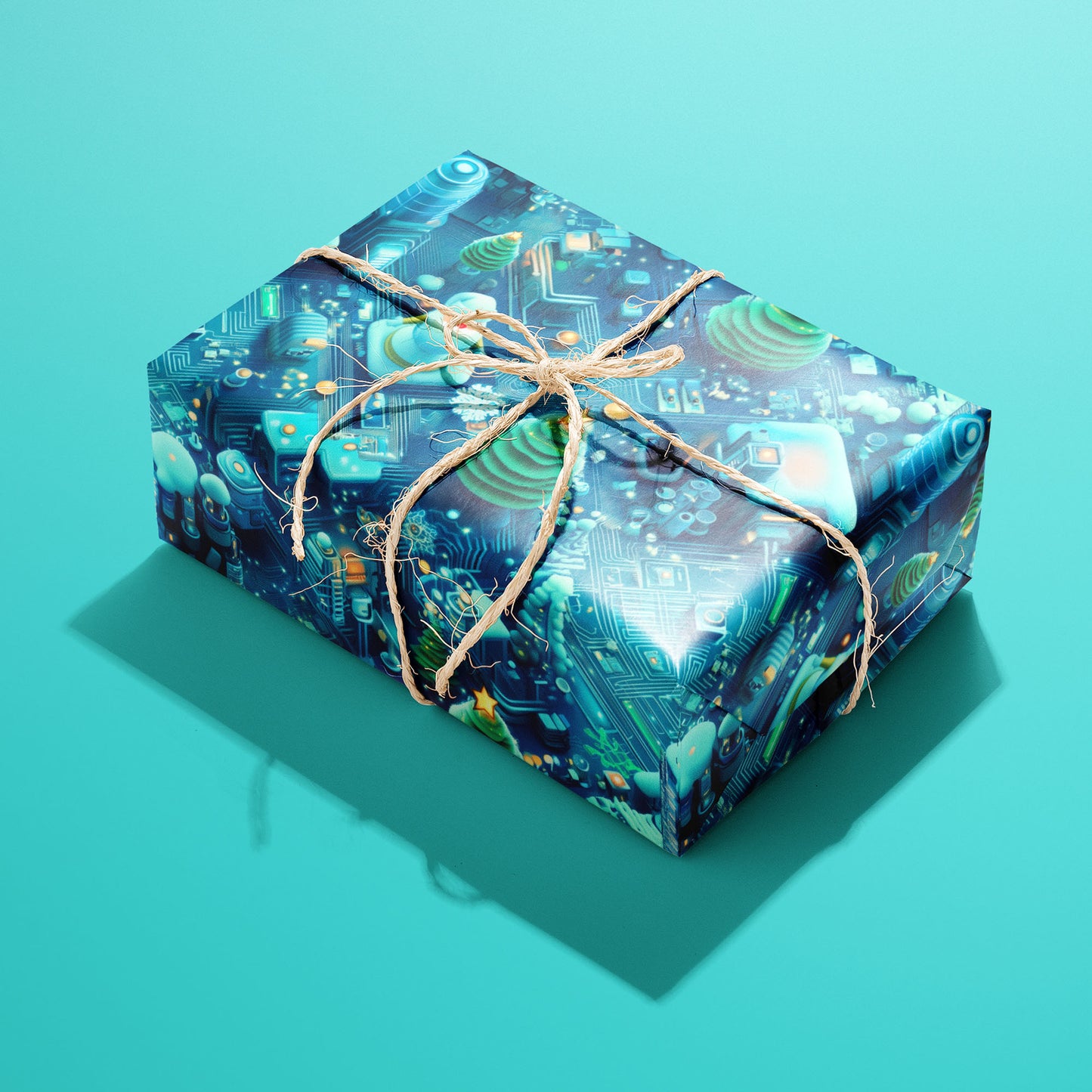 A single rectangular gift wrapped in Christmas Circuitropolis and tied with natural twine, the deep-blue circuit city with trees and snowmen vivid against the aqua backdrop.