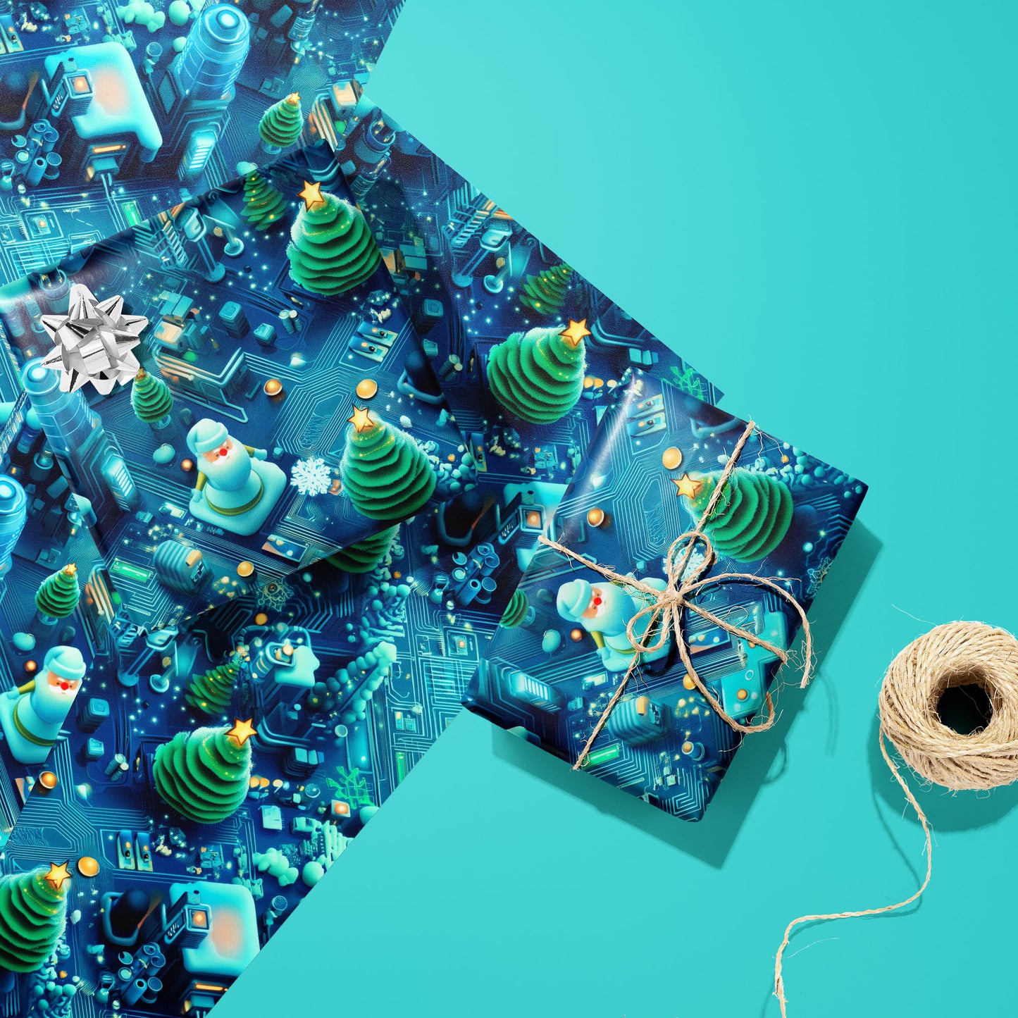 Two gifts in Christmas Circuitropolis—one with a silver bow and one tied with twine—rest on two unused sheets beside a twine spool on an aqua surface, showing circuit trees and snowmen.