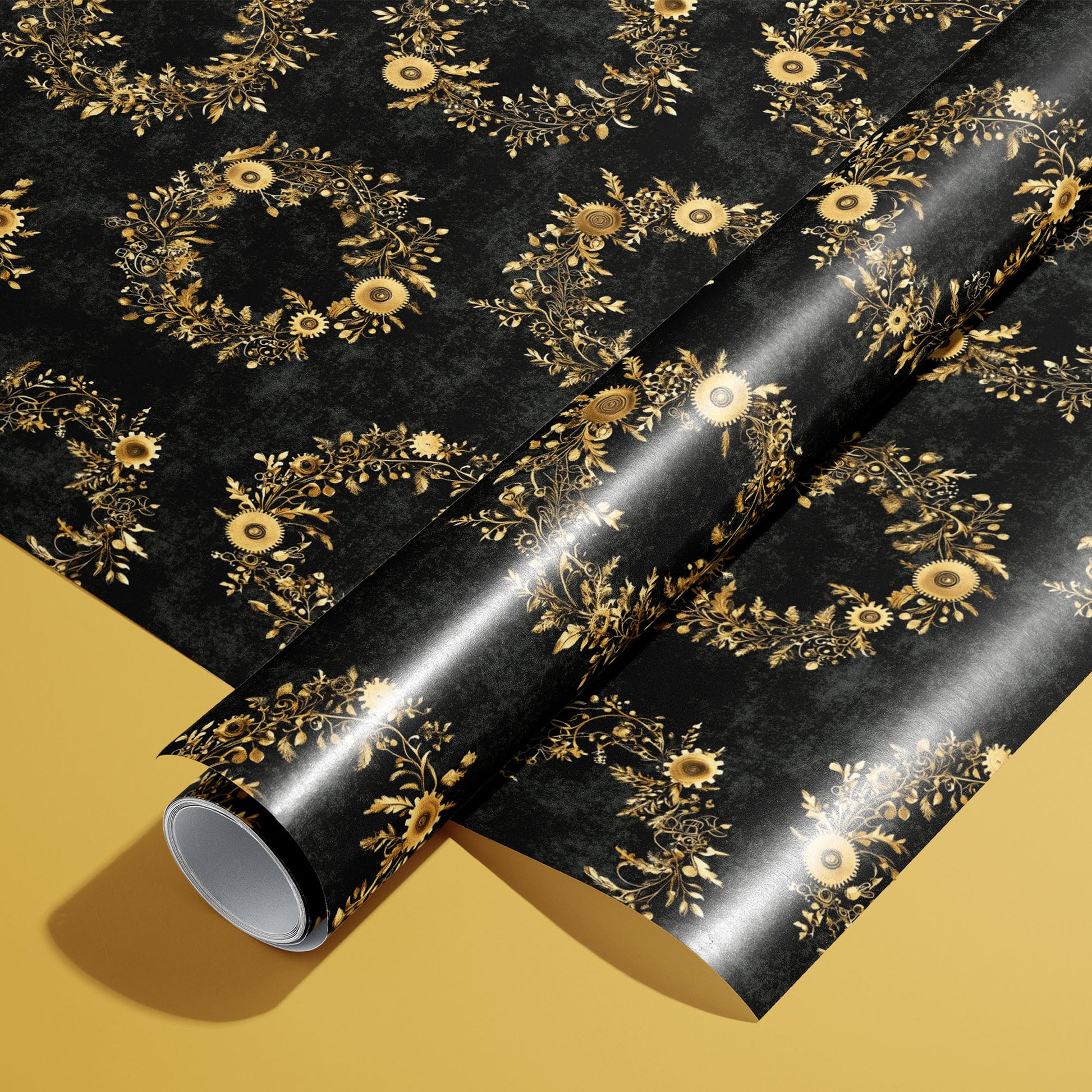 A roll of Clockwork Wreaths wrapping paper resting on a matching unrolled sheet, with gilded gear-and-foliage wreaths on charcoal black, set on a mustard-yellow surface.