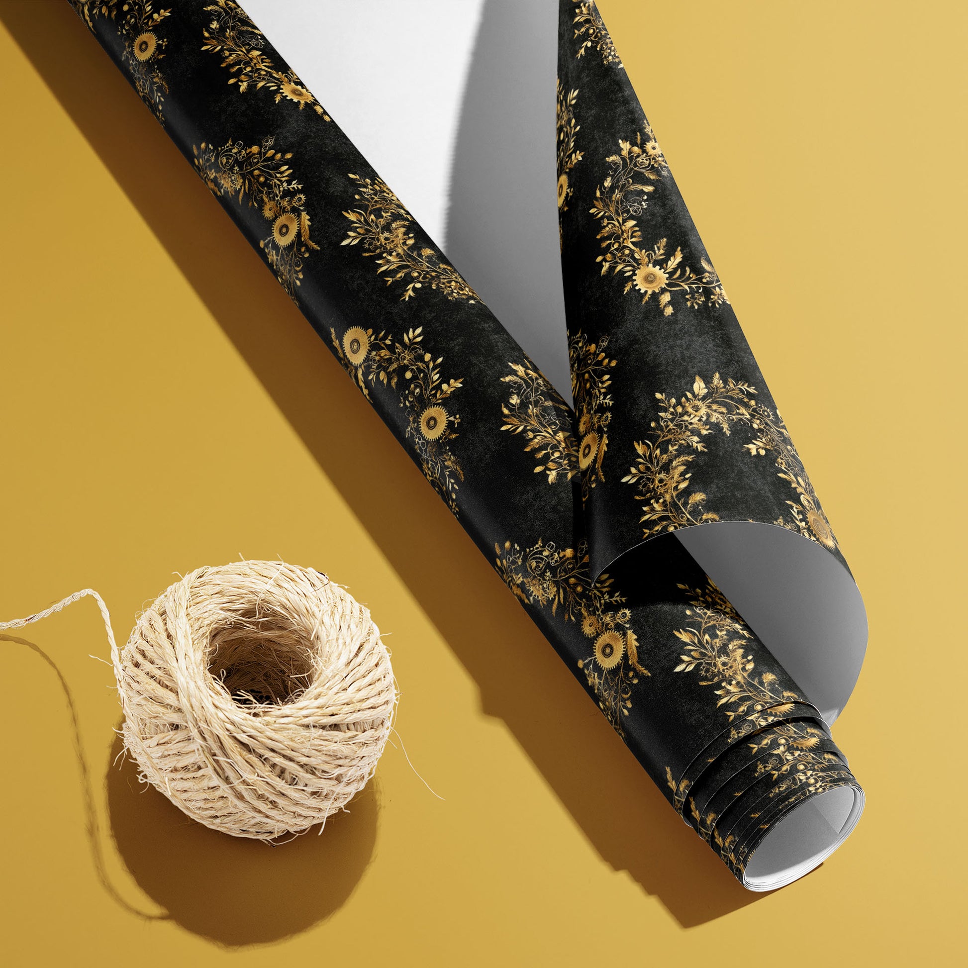 A partially unfurled Clockwork Wreaths roll with its white underside visible beside a spool of natural twine on mustard yellow, featuring gilded gear wreaths on black.