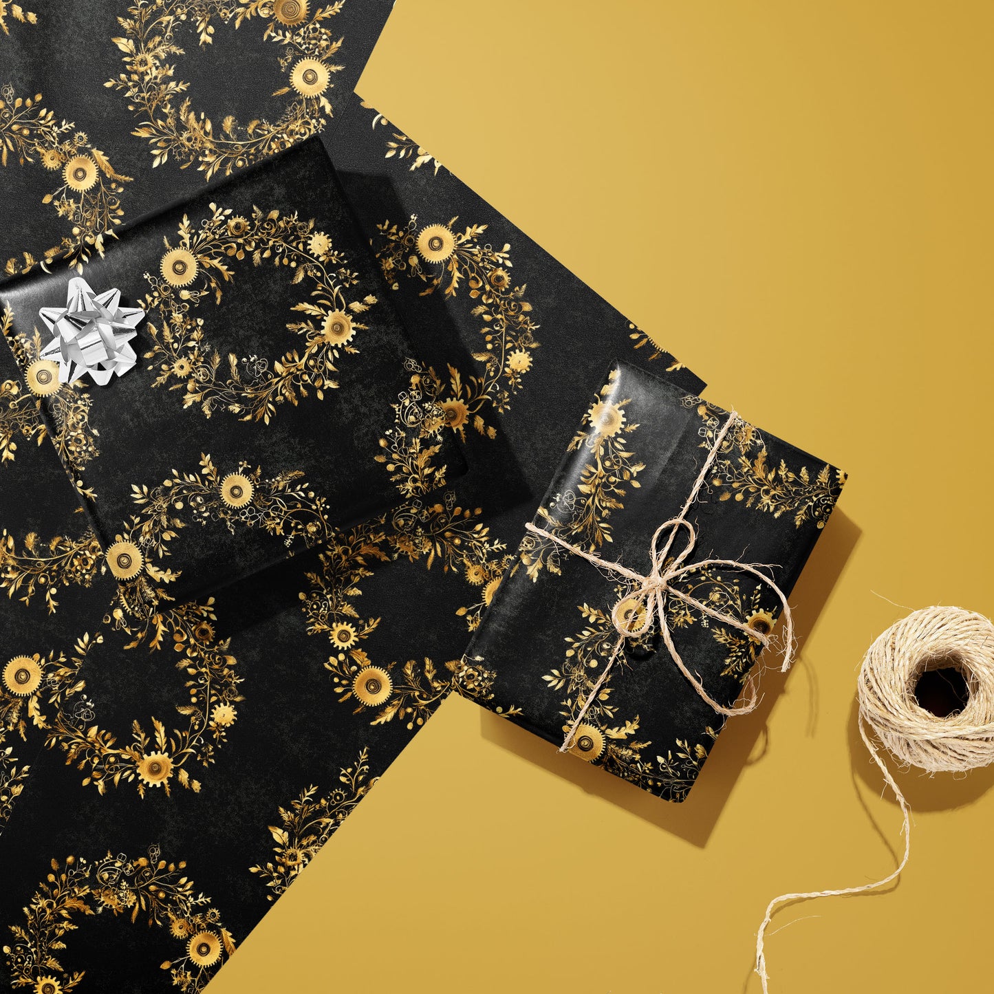 Two gifts in Clockwork Wreaths—one with a silver bow and one tied with twine—sit on two unused sheets beside a twine spool on mustard yellow, with gilded gear wreaths.