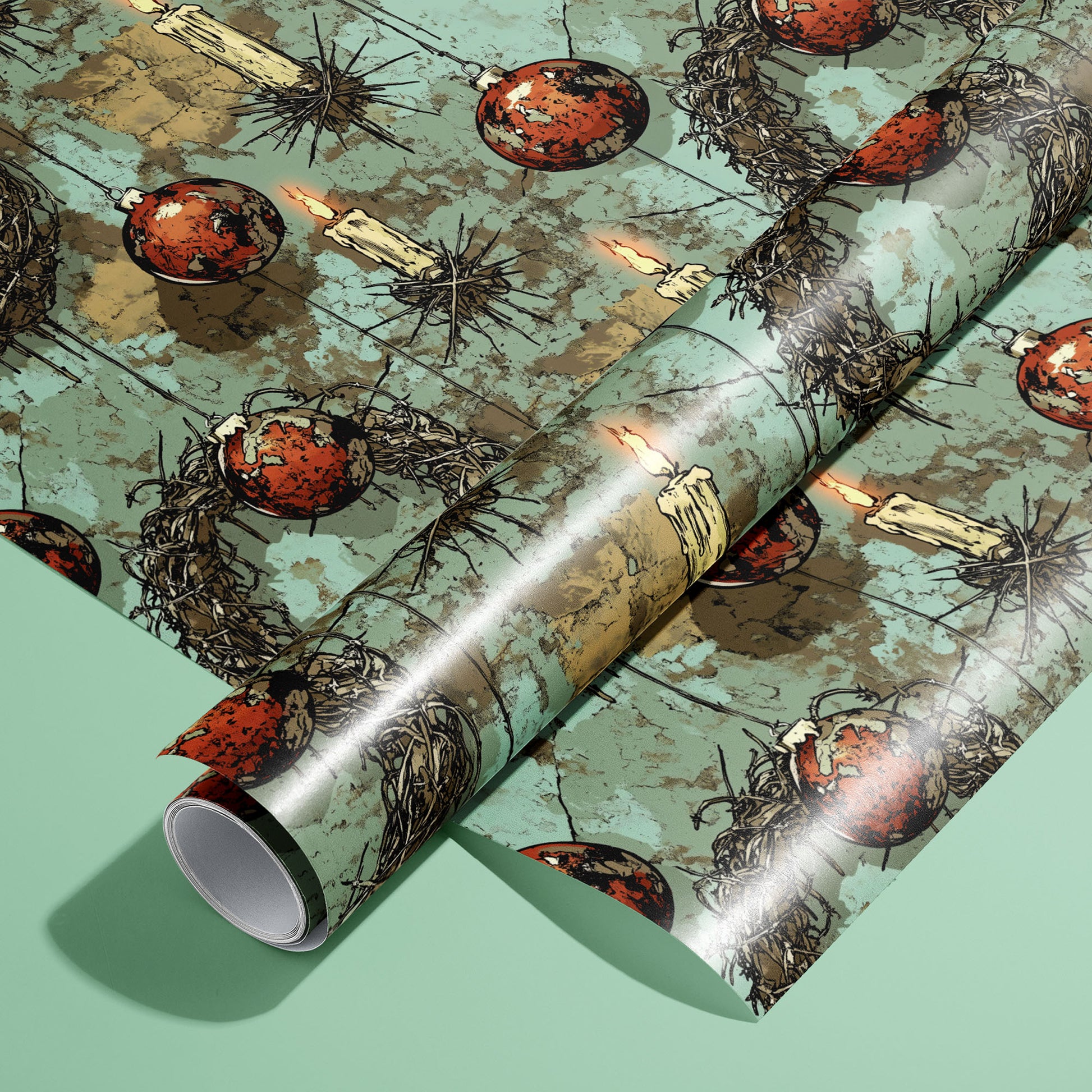 A roll of Tarnished Spirit rests on a matching unrolled sheet, featuring distressed teal panels with twig wreaths, dripping candles, and red ornaments on a mint green surface.
