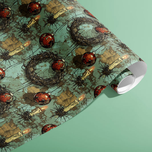 A partially unfurled roll of Tarnished Spirit reveals grungy teal blocks with thorny wreaths, wax-dripped candles, and weathered red baubles against a mint green backdrop.