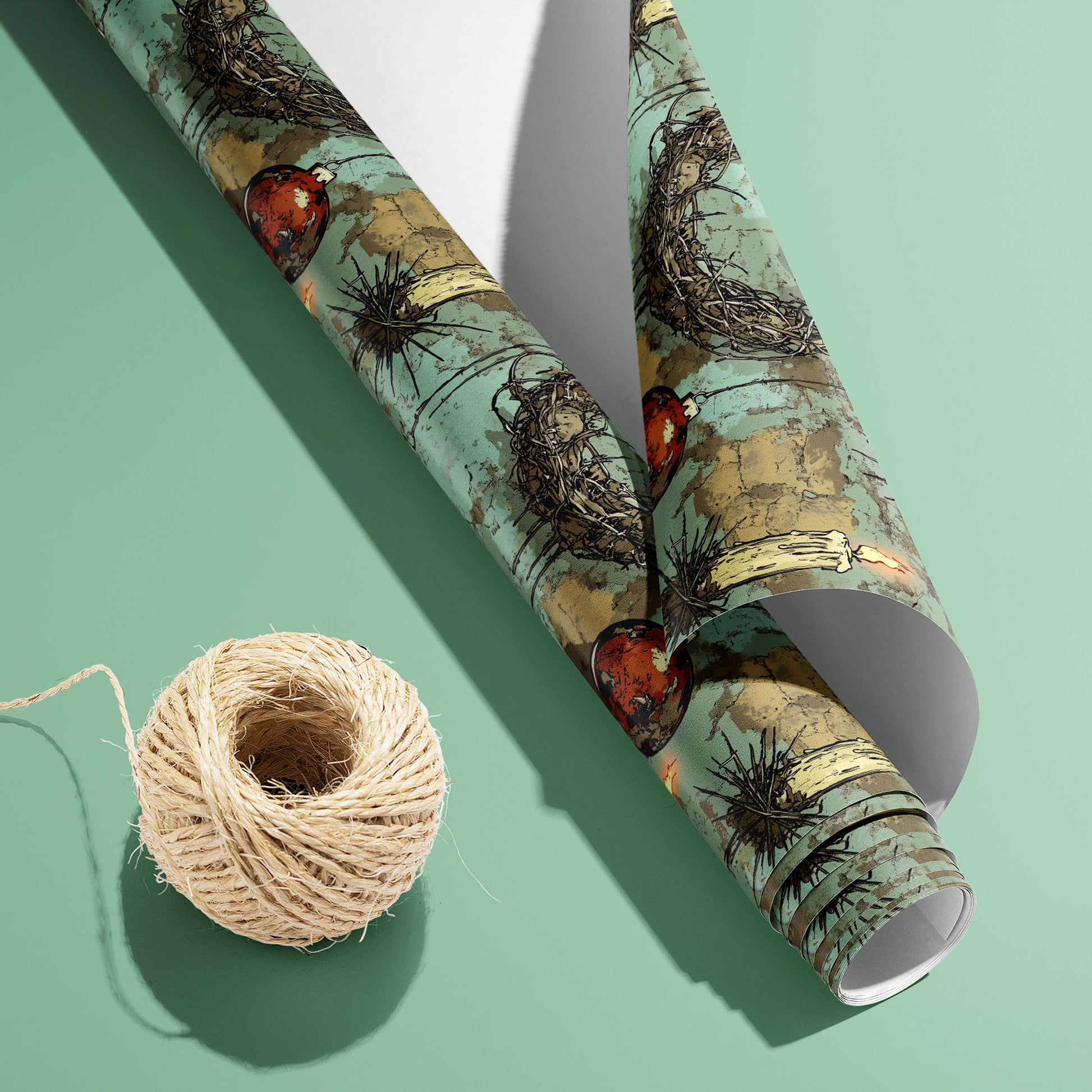 A partially unfurled roll of Tarnished Spirit with the white underside visible sits beside natural twine on a mint green surface, showing twig wreaths, candles, and red ornaments.