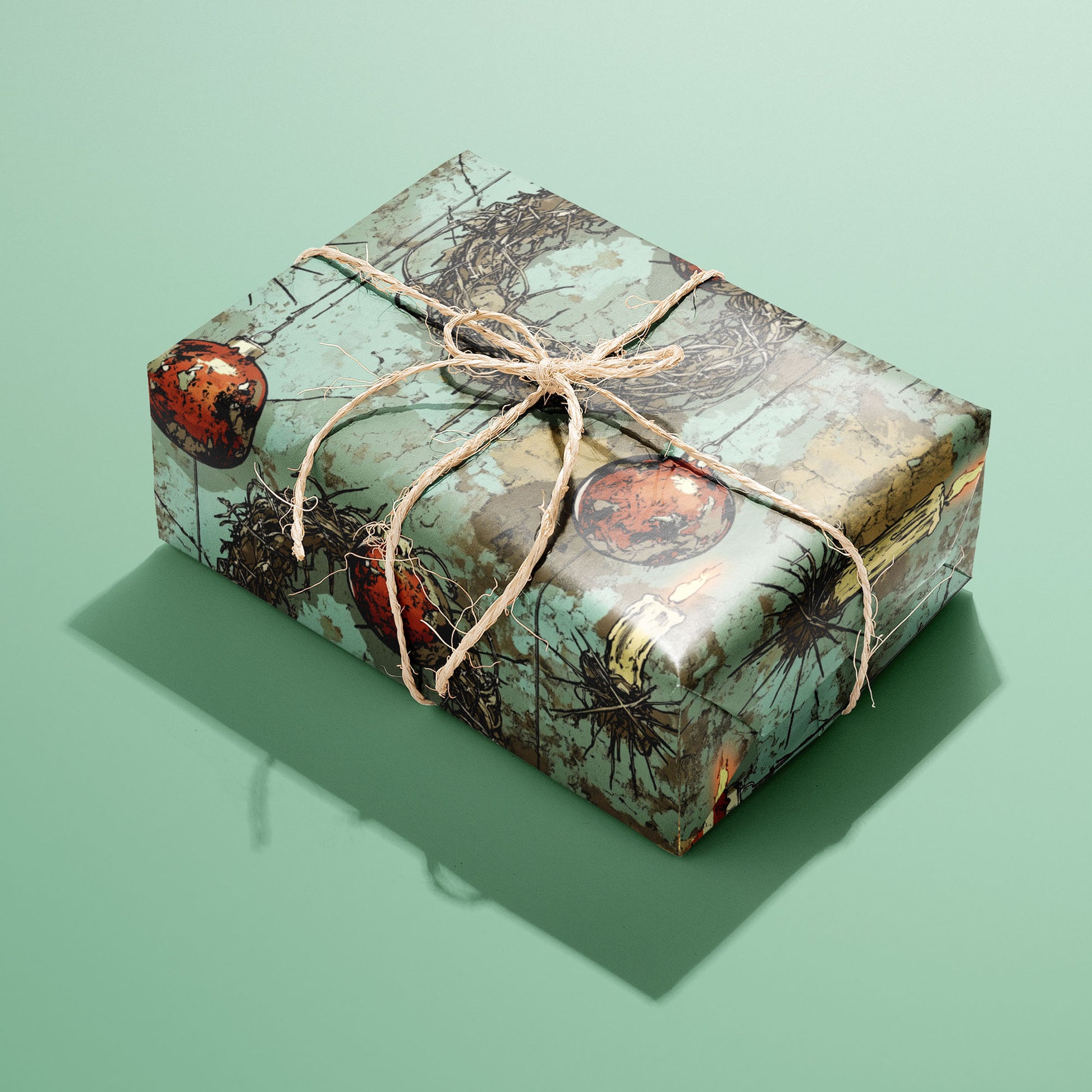 A single gift wrapped in Tarnished Spirit and tied with natural twine displays distressed teal panels with twig wreaths, candles, and red ornaments against a mint green background.