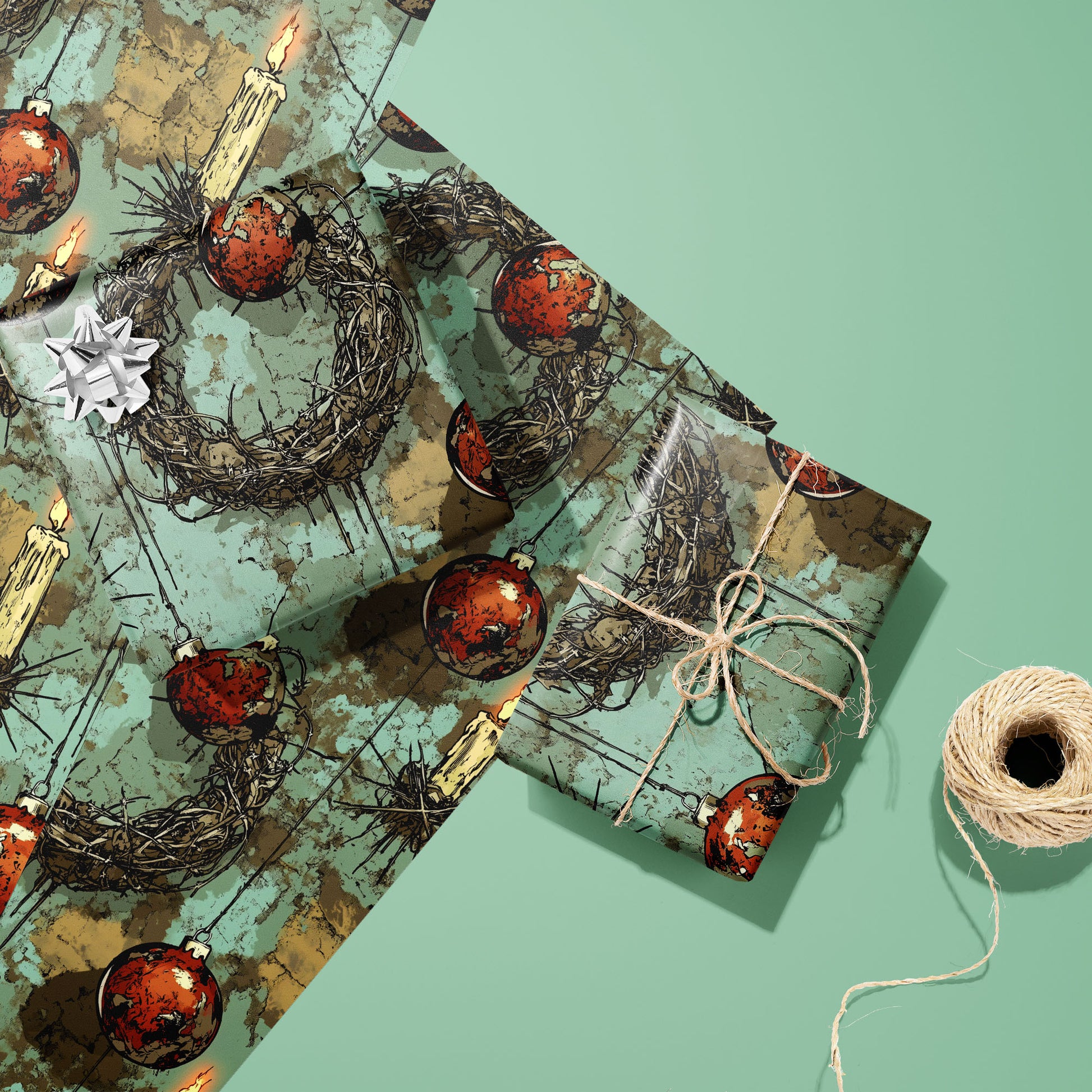 Two gifts in Tarnished Spirit—one silver-bowed and one tied with twine—rest on two unused sheets with twig wreaths, candles, and red ornaments beside twine on a mint green surface.