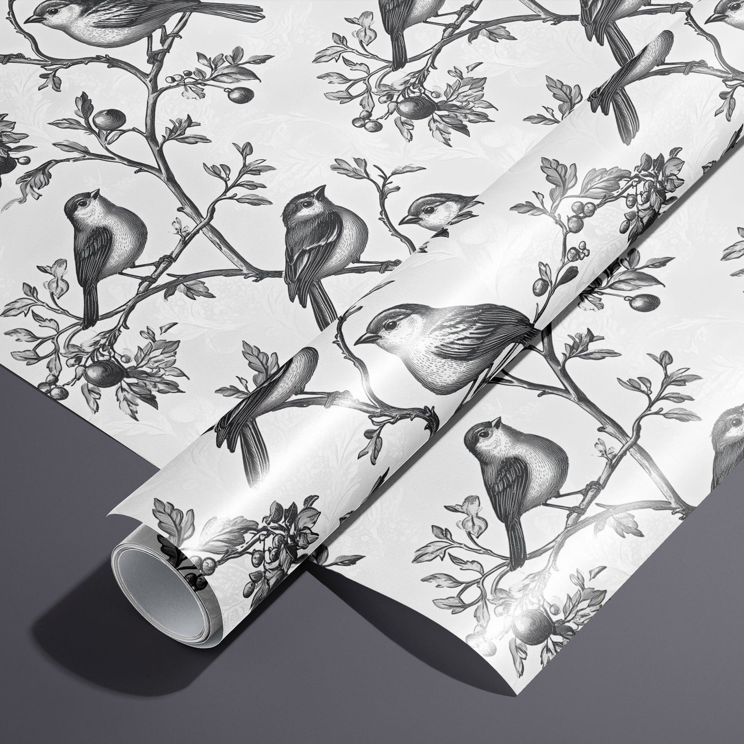 A roll of Winter Aviary rests on an unrolled sheet, showing engraved songbirds perched on berry-laden branches over a soft white damask ground, styled on a charcoal gray surface.