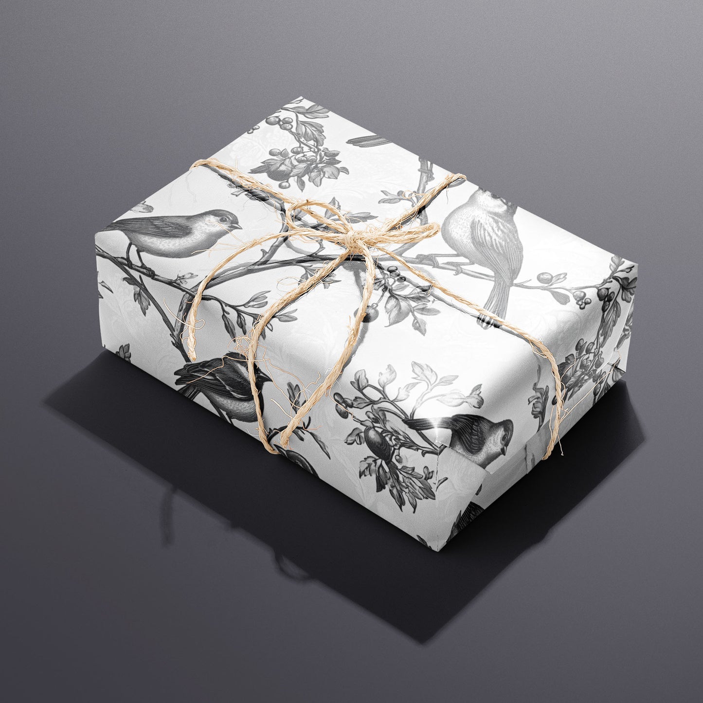 A single rectangular gift wrapped in Winter Aviary and tied with natural twine displays fine-lined birds and berries on a damask white ground against a charcoal gray backdrop.
