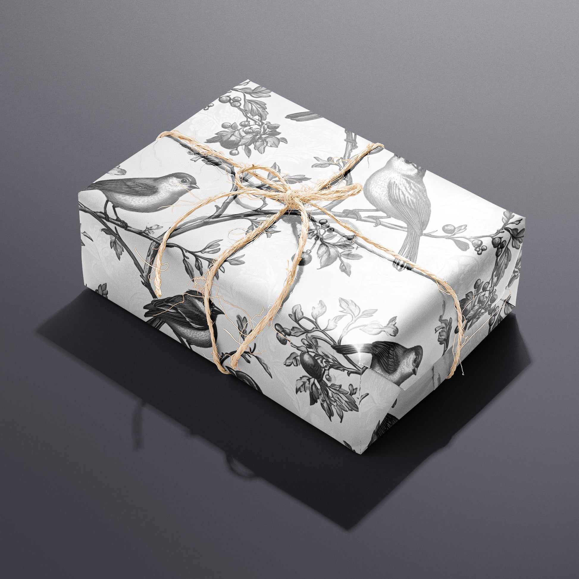A single rectangular gift wrapped in Winter Aviary and tied with natural twine displays fine-lined birds and berries on a damask white ground against a charcoal gray backdrop.