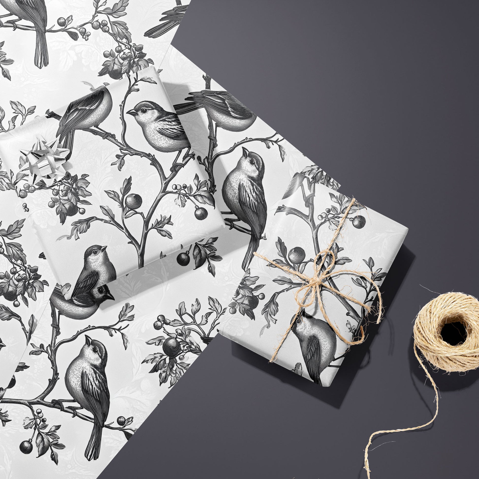 Two Winter Aviary gifts—one with a silver bow and one tied with twine—rest on two unused sheets next to a twine spool on a charcoal gray surface, featuring engraved birds and berries on white.
