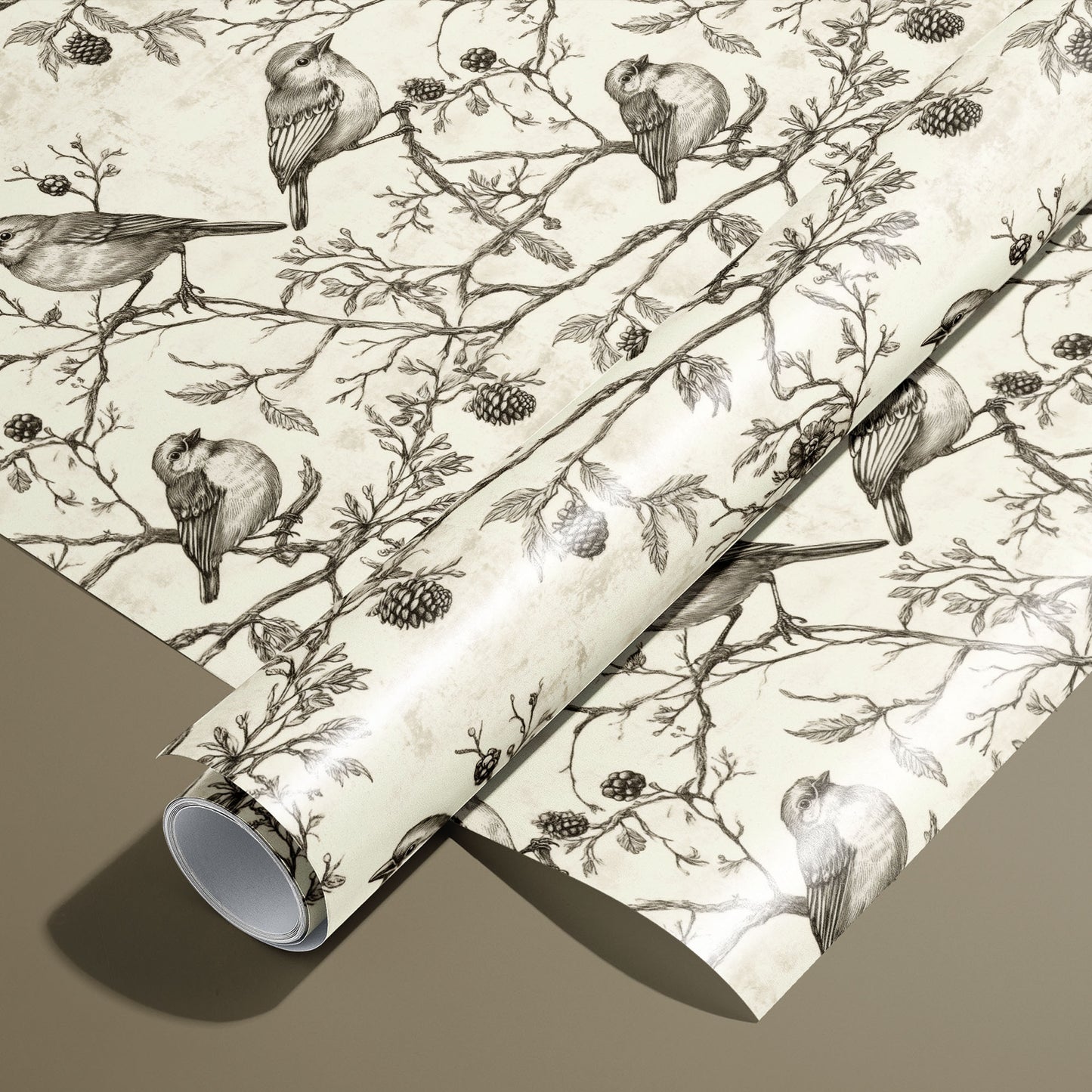 A roll of Woodland Carols rests on an unrolled sheet, with hand-drawn songbirds on boughs and pinecones over a parchment-cream ground, styled on a warm taupe surface.
