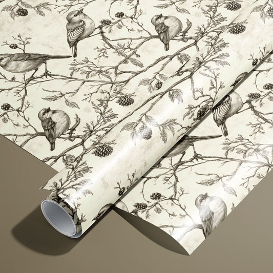 A roll of Woodland Carols rests on an unrolled sheet, with hand-drawn songbirds on boughs and pinecones over a parchment-cream ground, styled on a warm taupe surface.