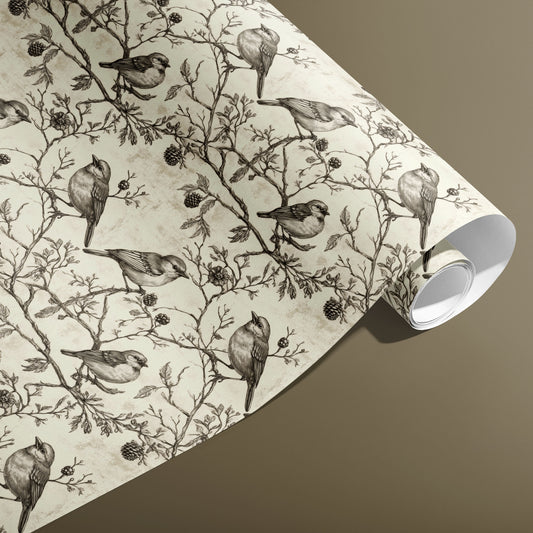A partially unfurled roll of Woodland Carols displays sketchy songbirds on twiggy branches with pinecones on a parchment-cream ground, set against a warm taupe background.