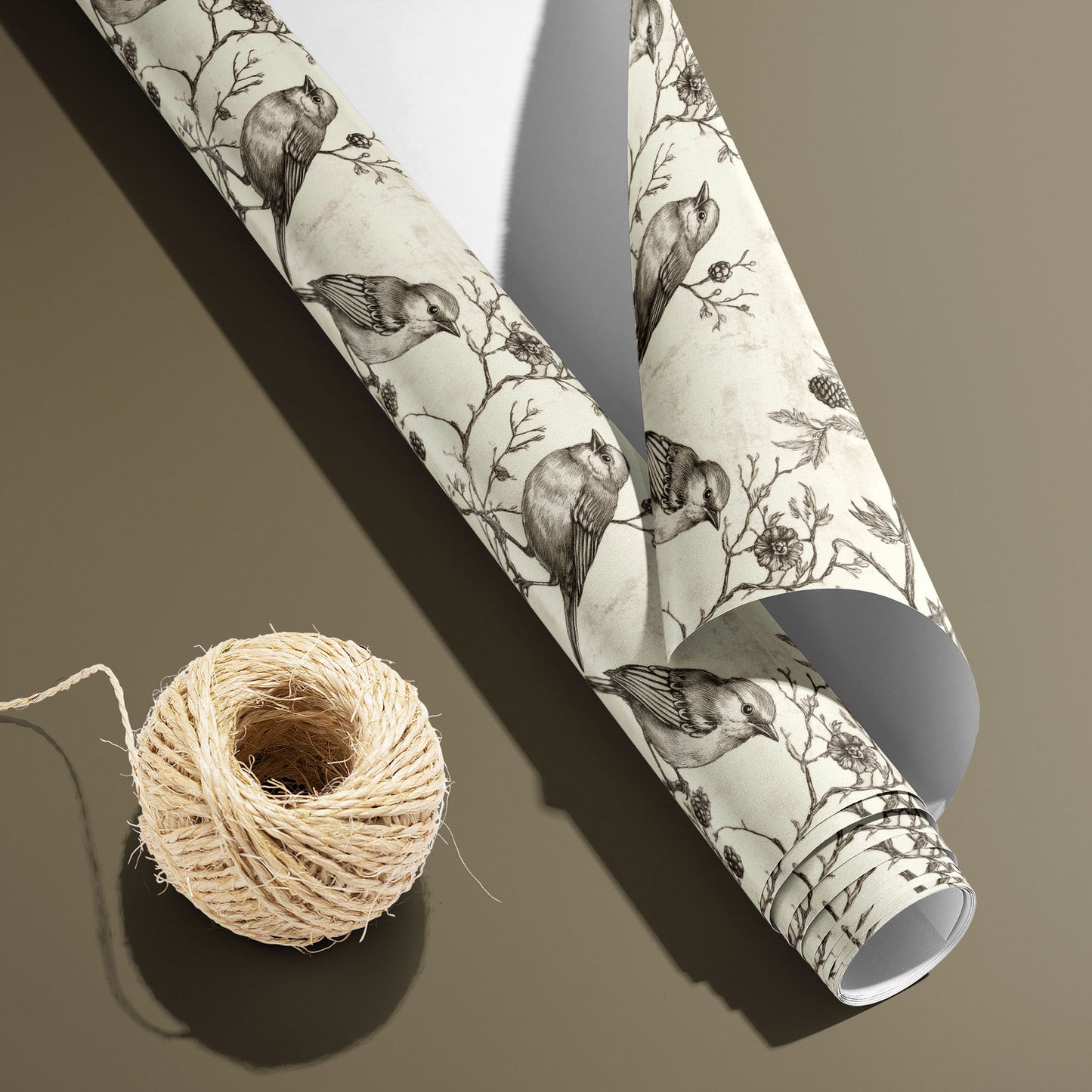 A partially unfurled roll of Woodland Carols, white underside showing beside a spool of natural twine, reveals songbirds on wintry branches over a parchment-cream ground on taupe.