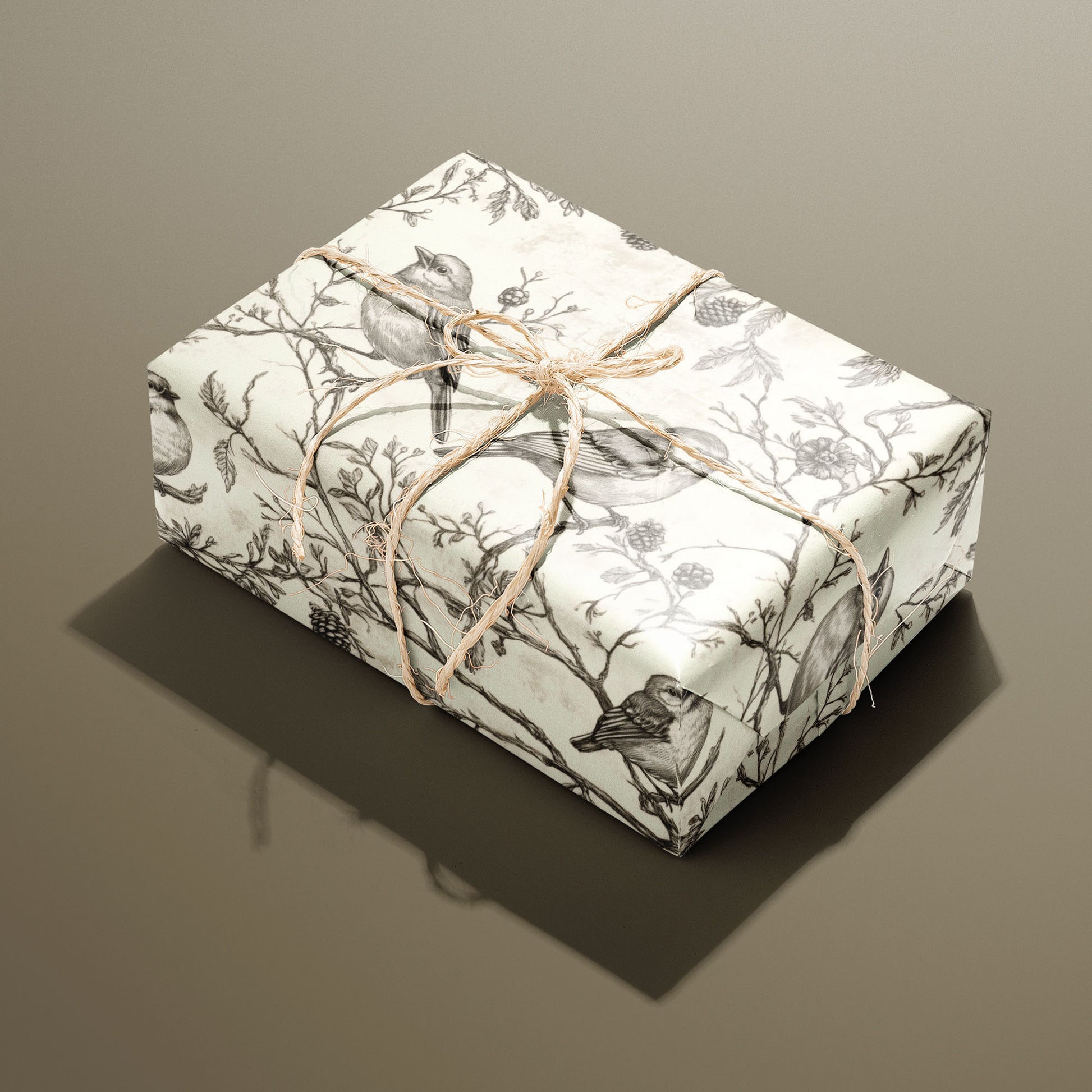 A single rectangular gift wrapped in Woodland Carols and tied with natural twine shows songbirds and pinecones on twiggy branches over a parchment-cream ground against a taupe backdrop.