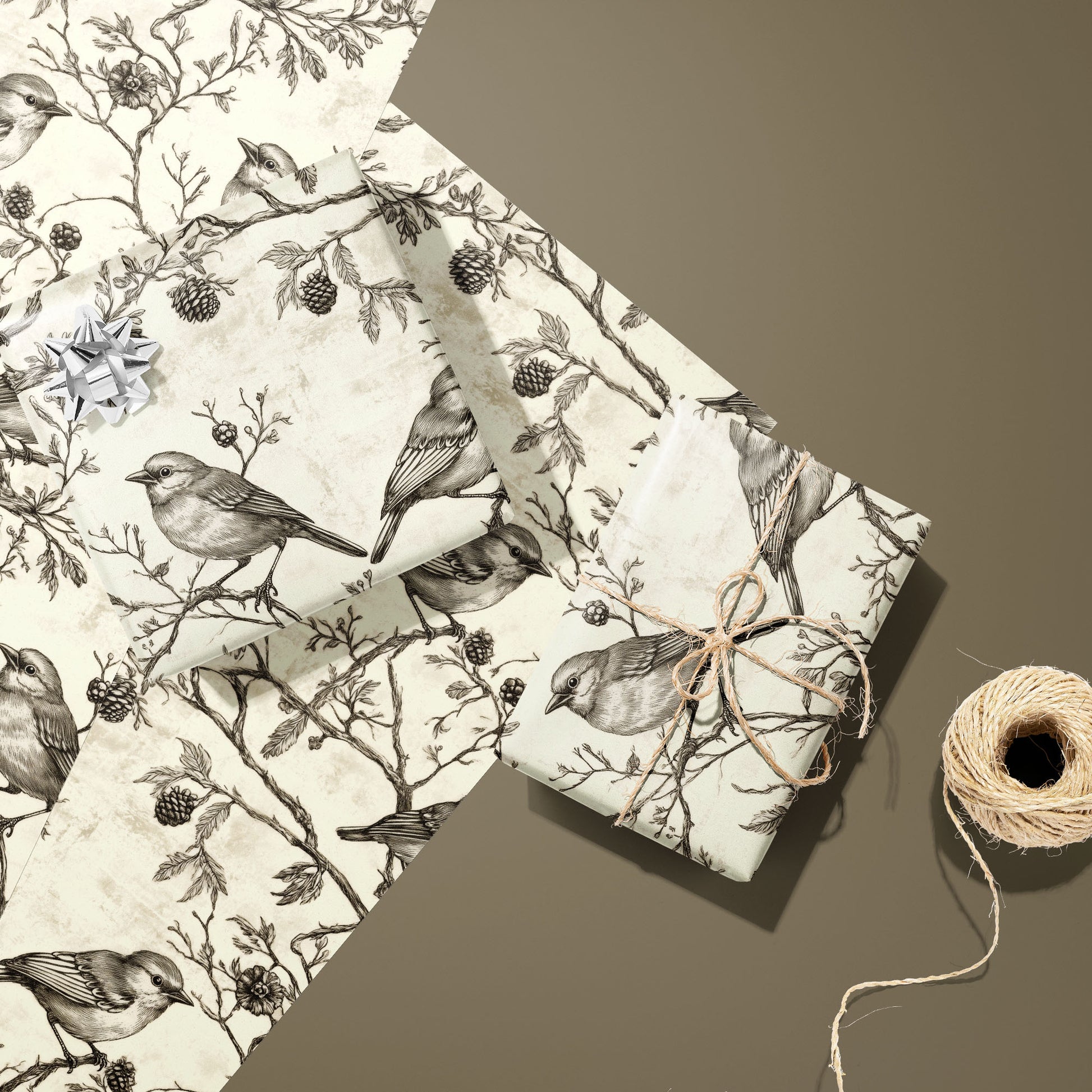 Two Woodland Carols gifts—one with a silver bow, one tied with twine—rest on unused sheets beside a twine spool on a taupe surface, showing songbirds on boughs over parchment-cream.