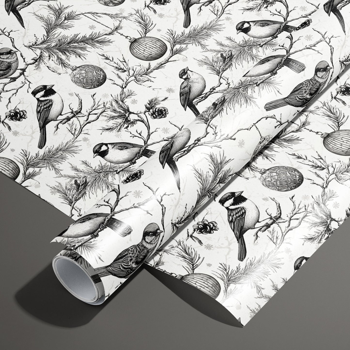 A roll of Ornamental Nesting on a matching unrolled sheet, with black-and-white songbirds, pine boughs, pinecones, and ornaments on a white background atop a dark gray surface.