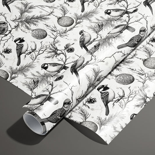 A roll of Ornamental Nesting on a matching unrolled sheet, with black-and-white songbirds, pine boughs, pinecones, and ornaments on a white background atop a dark gray surface.
