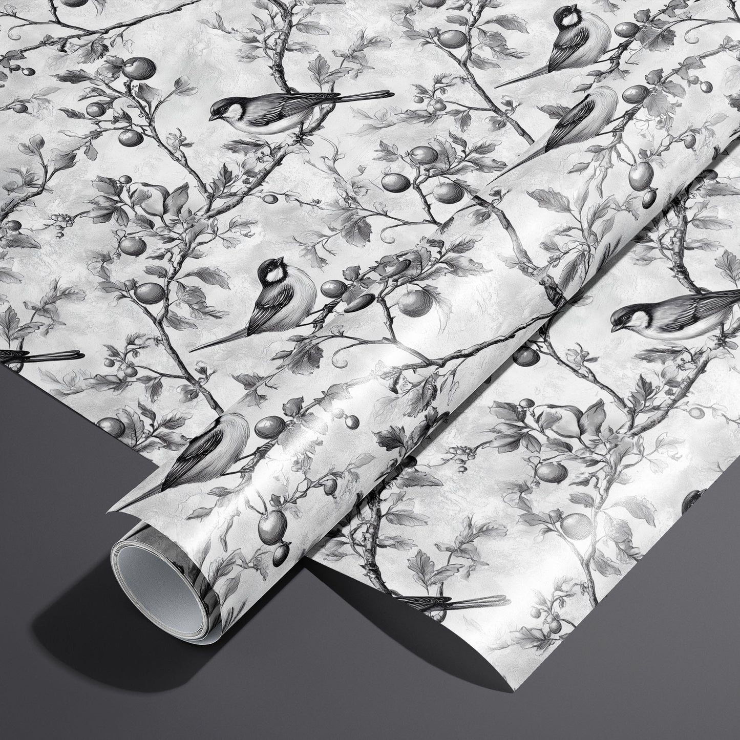 A roll on an unrolled sheet of Winter Orchard wrapping paper with etched songbirds on fruiting branches over a frosty gray ground, set on a dark charcoal background.