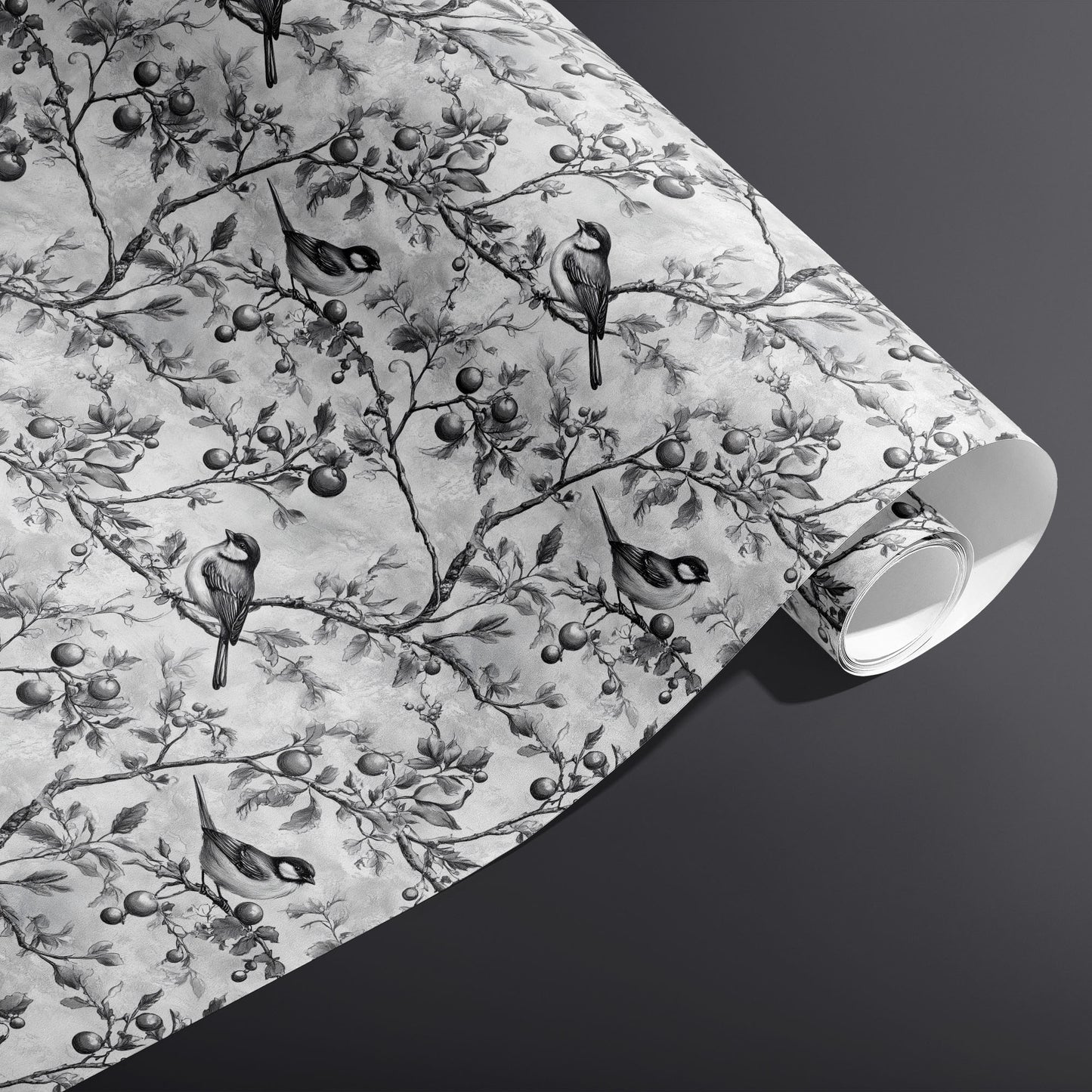A partially unfurled roll of Winter Orchard wrapping paper showing monochrome birds and orchard branches on a misty gray ground against a dark charcoal background.