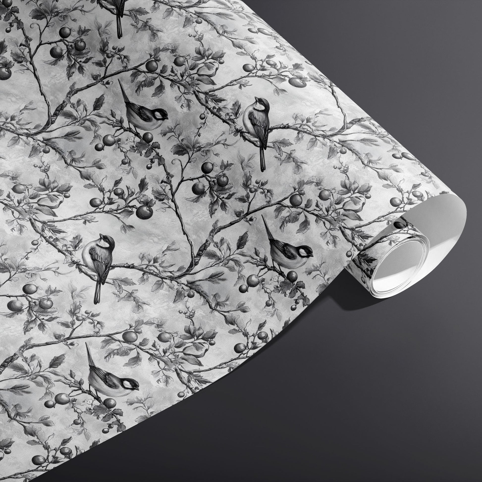 A partially unfurled roll of Winter Orchard wrapping paper showing monochrome birds and orchard branches on a misty gray ground against a dark charcoal background.