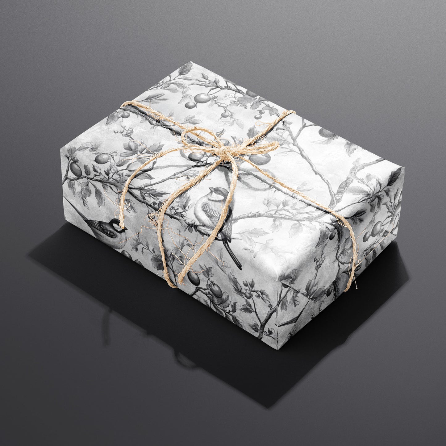 A single rectangular gift wrapped in Winter Orchard paper—songbirds perched on orchard branches—tied with natural twine on a dark charcoal background.