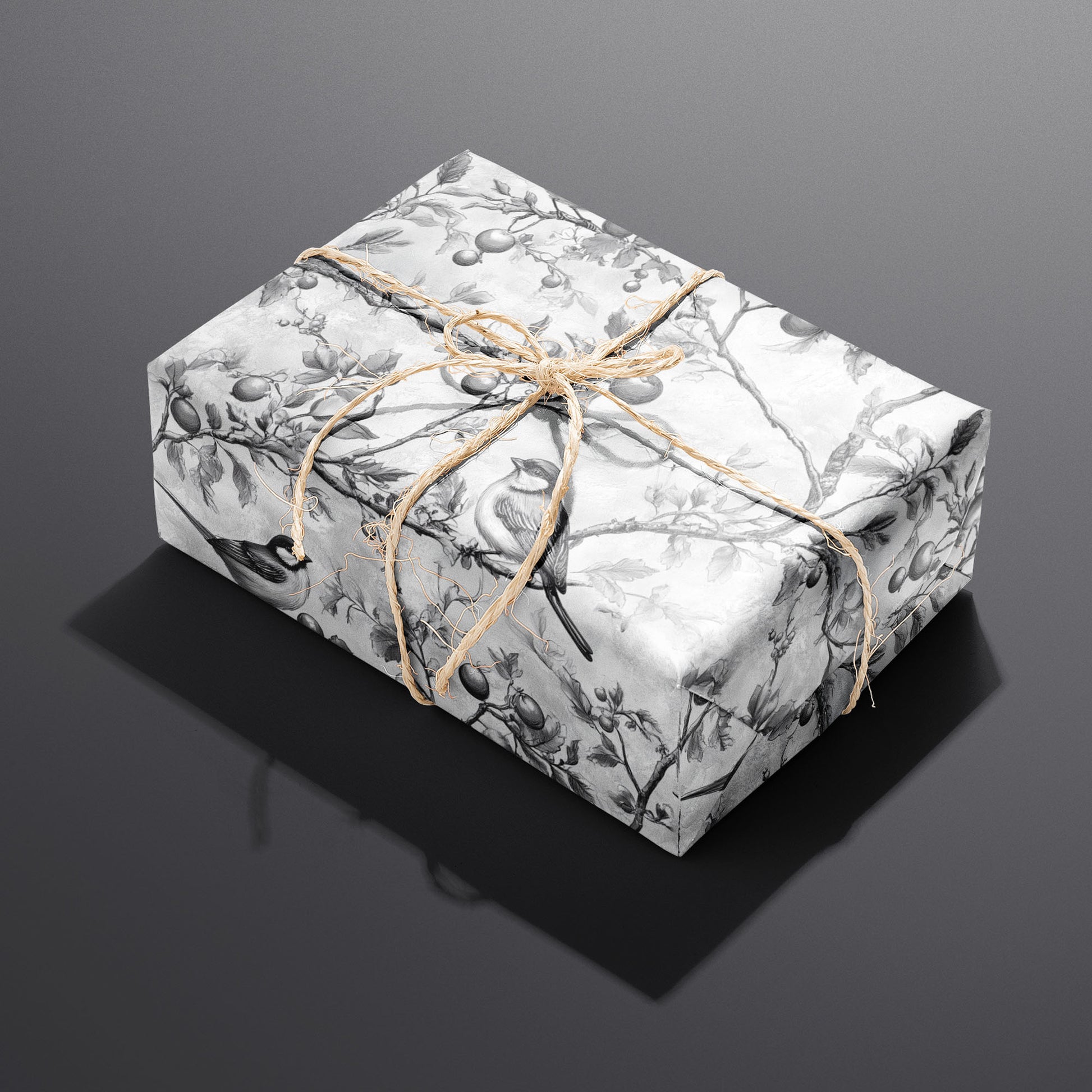 A single rectangular gift wrapped in Winter Orchard paper—songbirds perched on orchard branches—tied with natural twine on a dark charcoal background.
