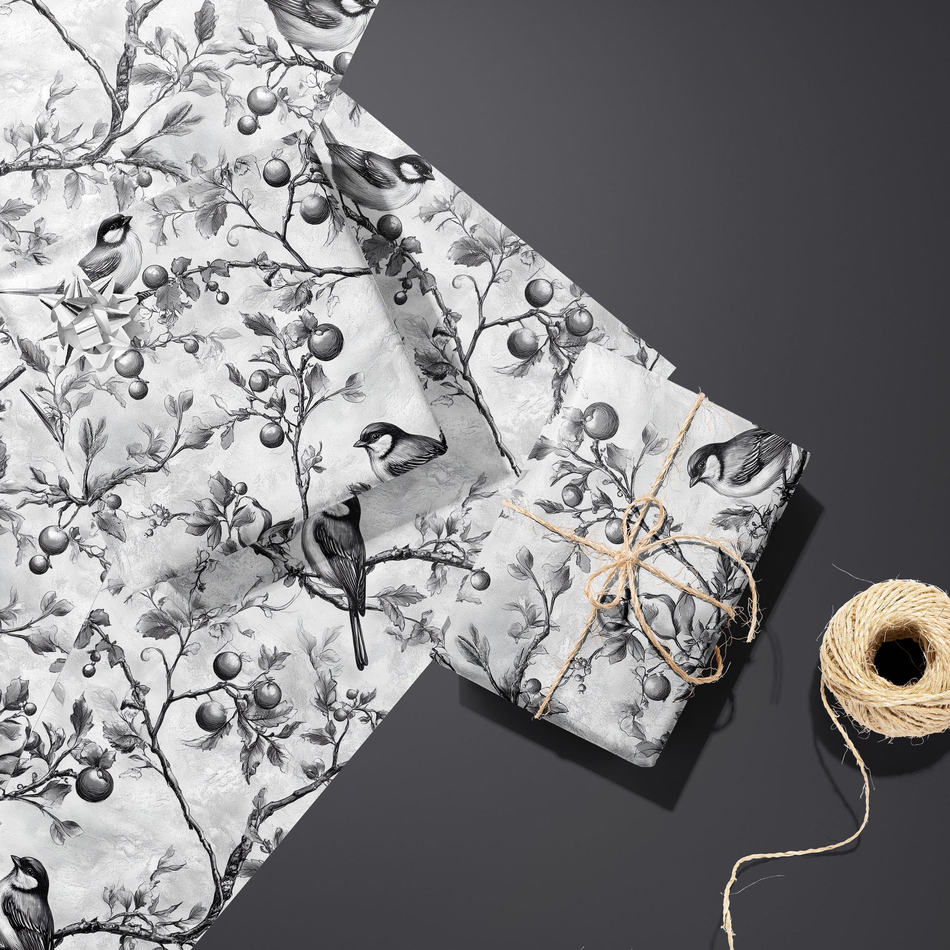 Two gifts in Winter Orchard wrap—one with a silver bow and one tied with twine—rest on two unused sheets beside a spool of twine on a dark charcoal background.