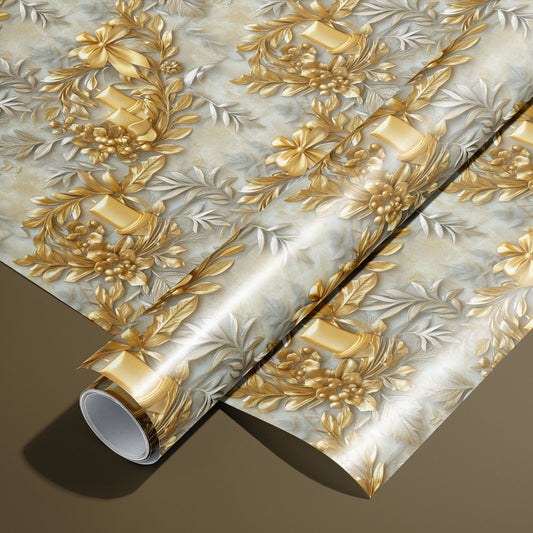 Radiant Reverie wrapping paper with ornate gold botanical wreaths and bows on misty gray. A roll rests on an unrolled sheet on an olive-brown surface.