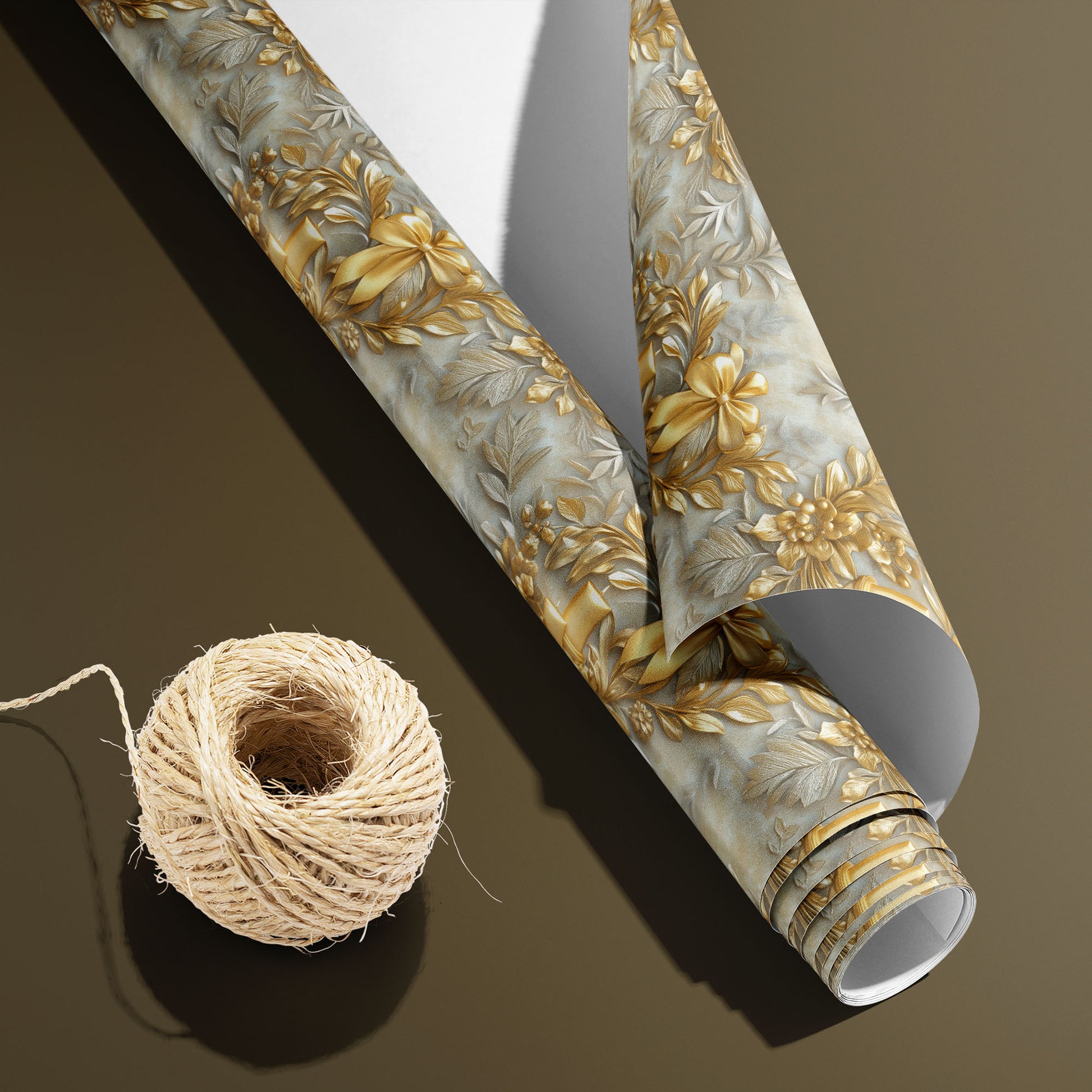 Radiant Reverie paper with gold botanical wreaths and bows. A partially unfurled roll shows its white underside beside a spool of natural twine on an olive-brown surface.