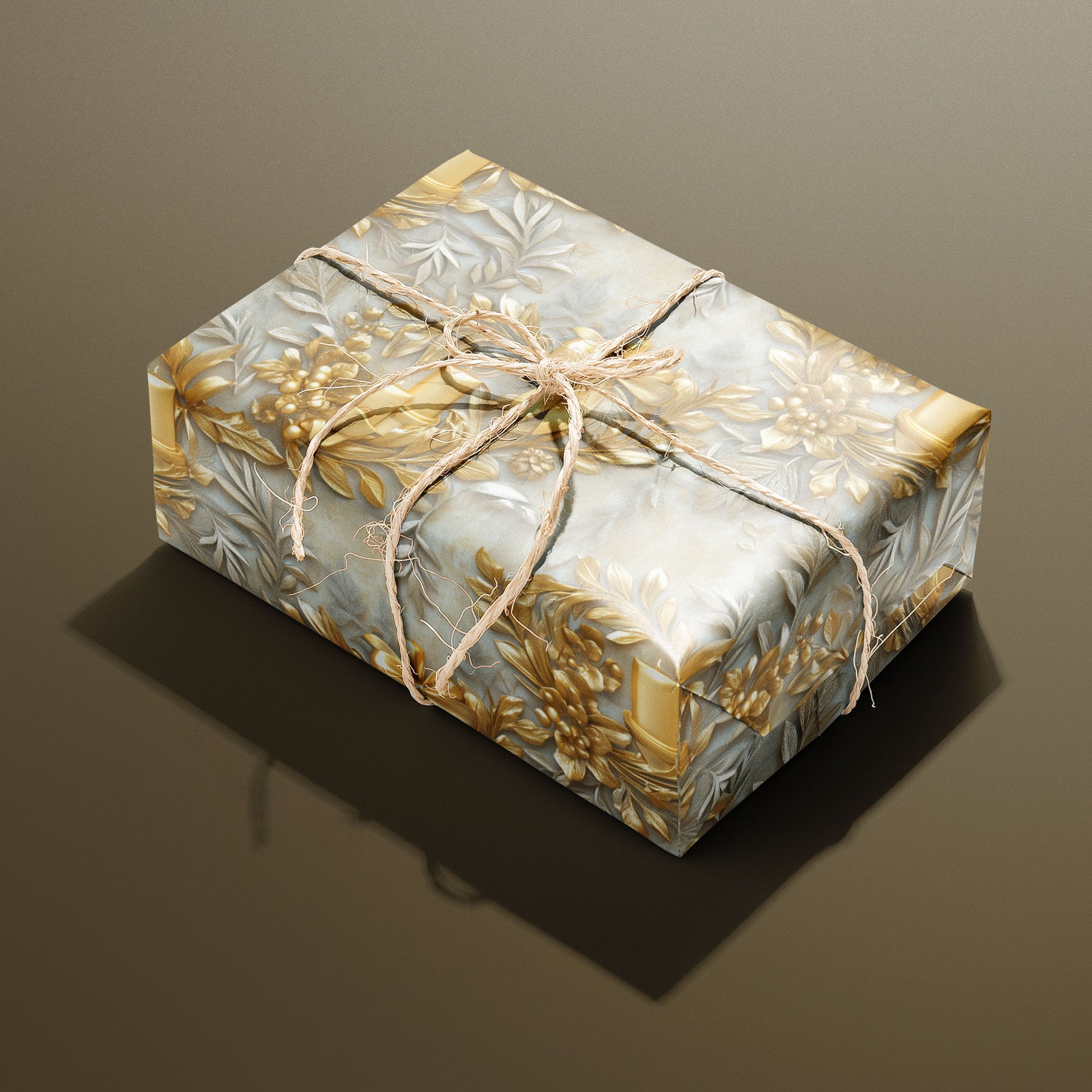Radiant Reverie gift wrap—gold wreaths and bows on soft gray. A single rectangular gift is tied with a natural twine bow on an olive-brown background.