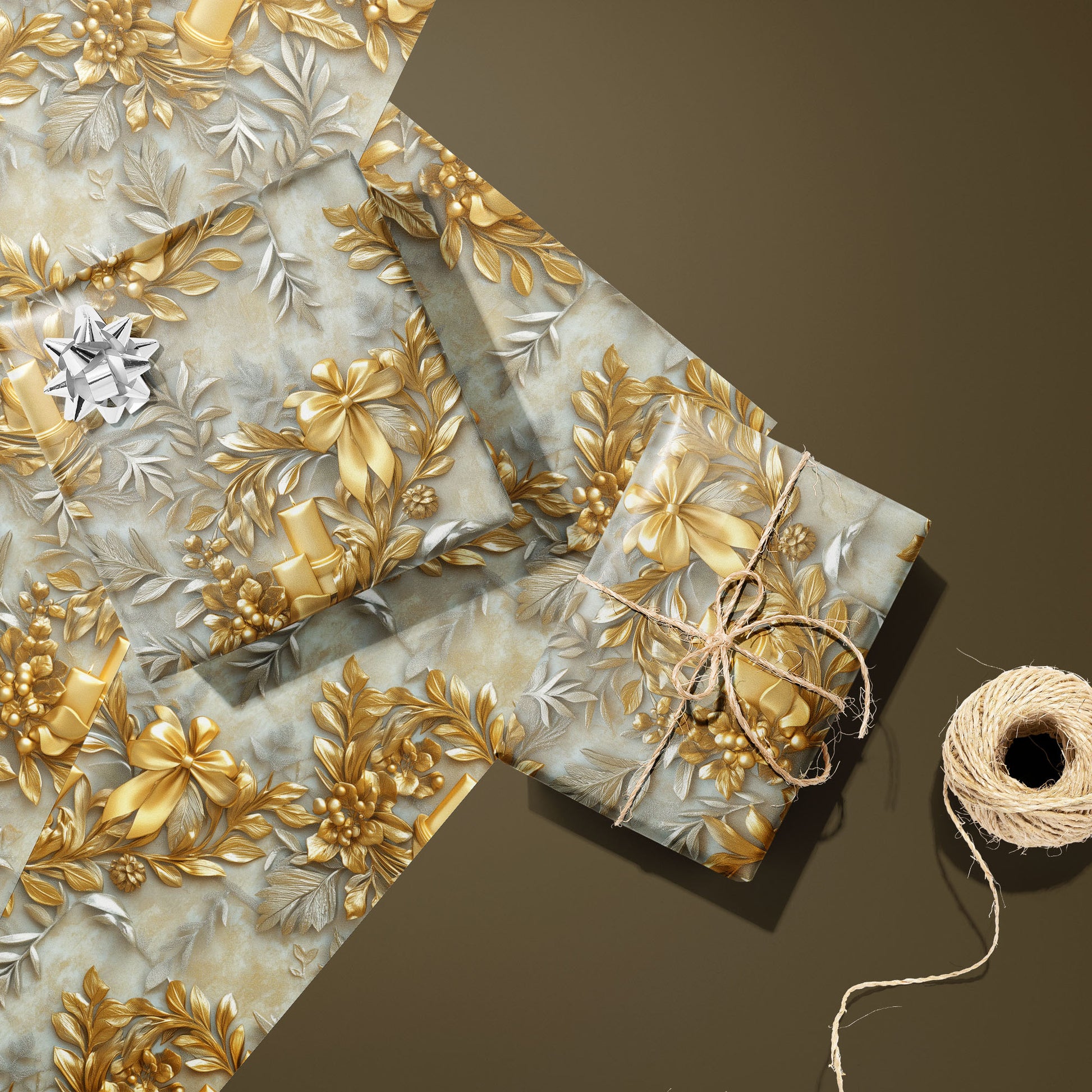 Radiant Reverie paper with gold wreaths and bows. Two wrapped gifts—one with a silver bow, one tied with twine—rest on two unused sheets next to a twine spool on an olive-brown surface.