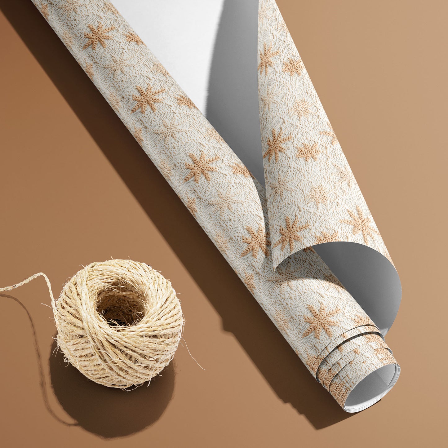 A partially unfurled Hygge Holiday roll with the white underside visible beside a spool of natural twine on caramel-brown, showing knit snowflakes in tan on white.