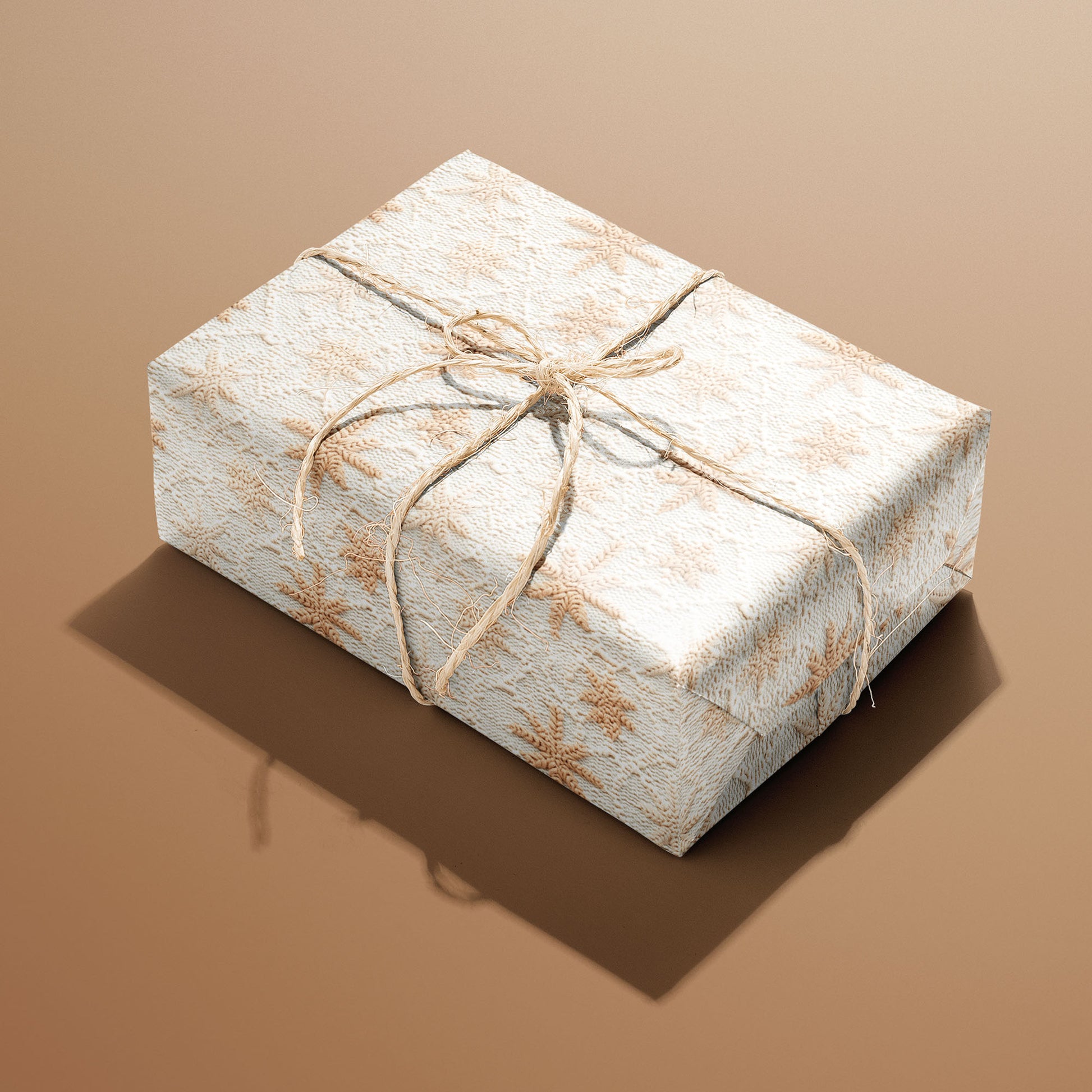 A single rectangular gift wrapped in Hygge Holiday and tied with natural twine, the tan knit snowflakes crisp on soft white against a caramel-brown background.