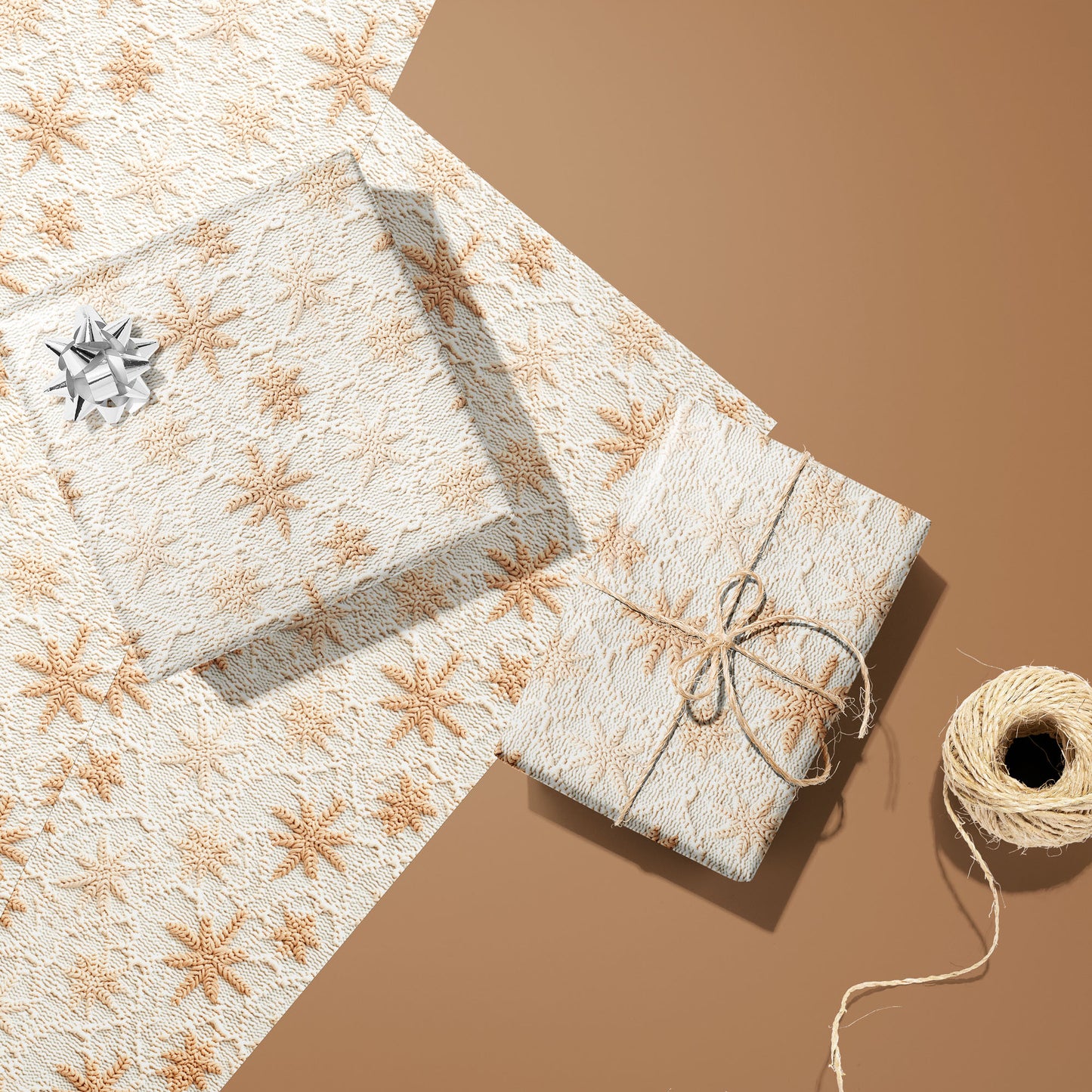 Two gifts in Hygge Holiday—one with a silver bow and one tied with twine—rest on two unused sheets beside a twine spool on a caramel-brown surface with knit snowflakes.