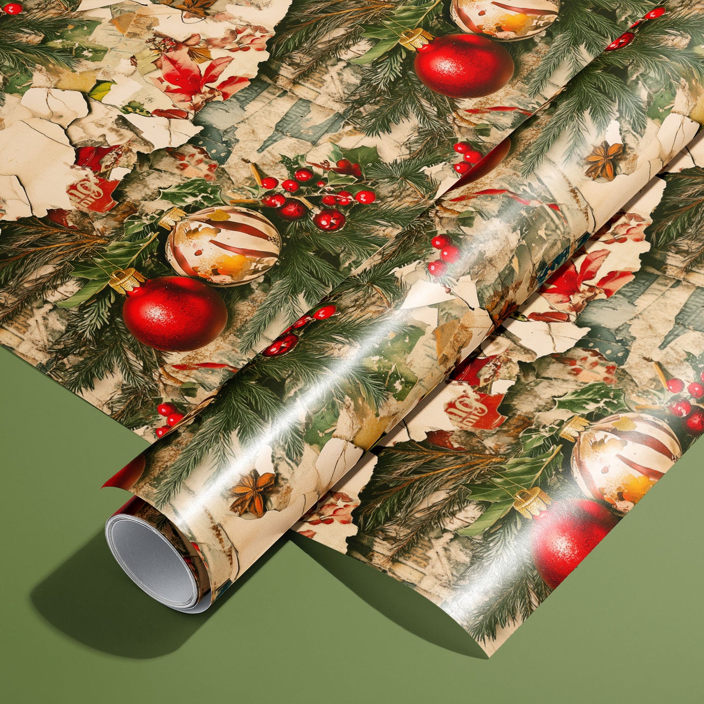 A roll of Timeworn Tidings rests on an unrolled sheet, showing a vintage collage of torn postcards, pine boughs, red ornaments, and holly berries on an olive green surface.
