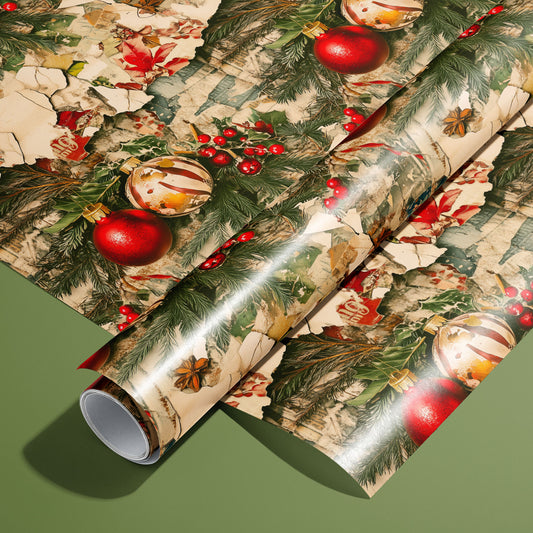 A roll of Timeworn Tidings rests on an unrolled sheet, showing a vintage collage of torn postcards, pine boughs, red ornaments, and holly berries on an olive green surface.