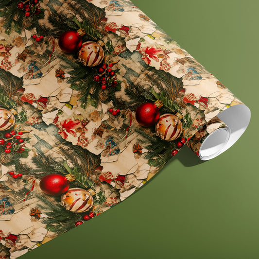 A partially unfurled roll of Timeworn Tidings gift wrap reveals distressed postcard collage with pine, holly, and red baubles on an olive green background.