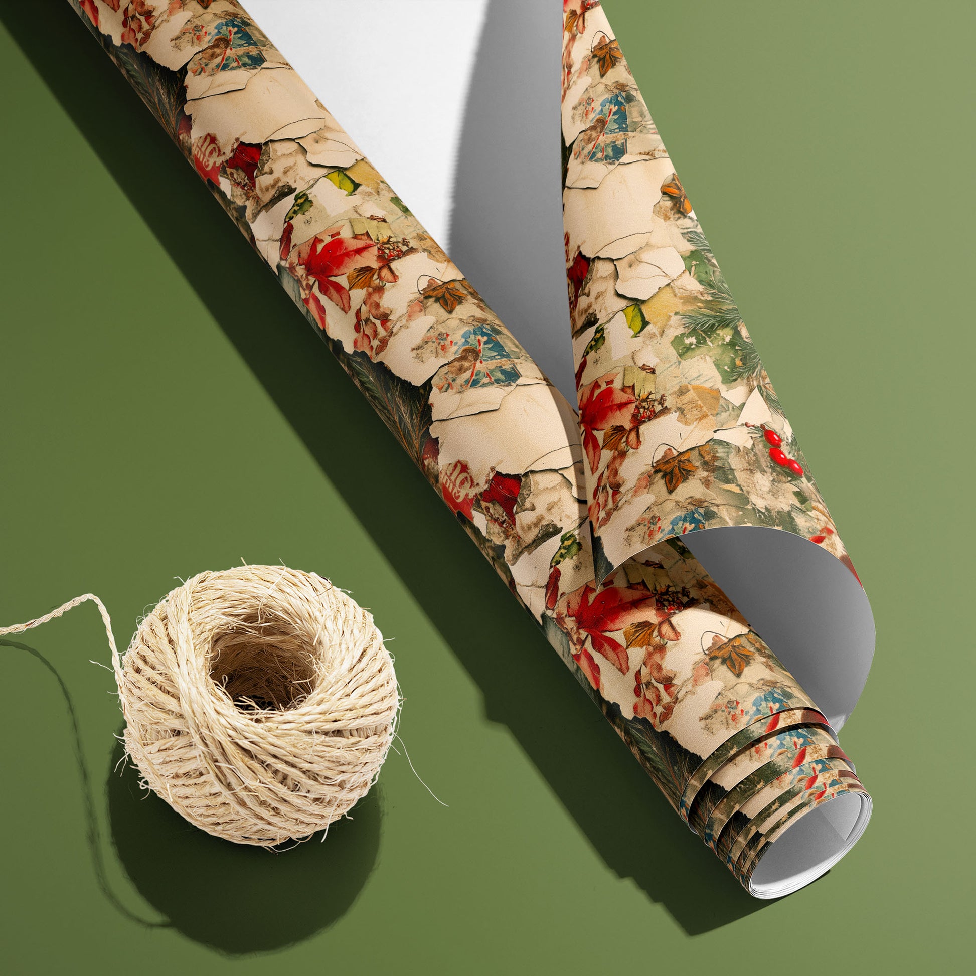 A partially unfurled roll of Timeworn Tidings, white underside showing beside a spool of natural twine, features pine boughs, holly, and vintage ornaments on an olive green surface.