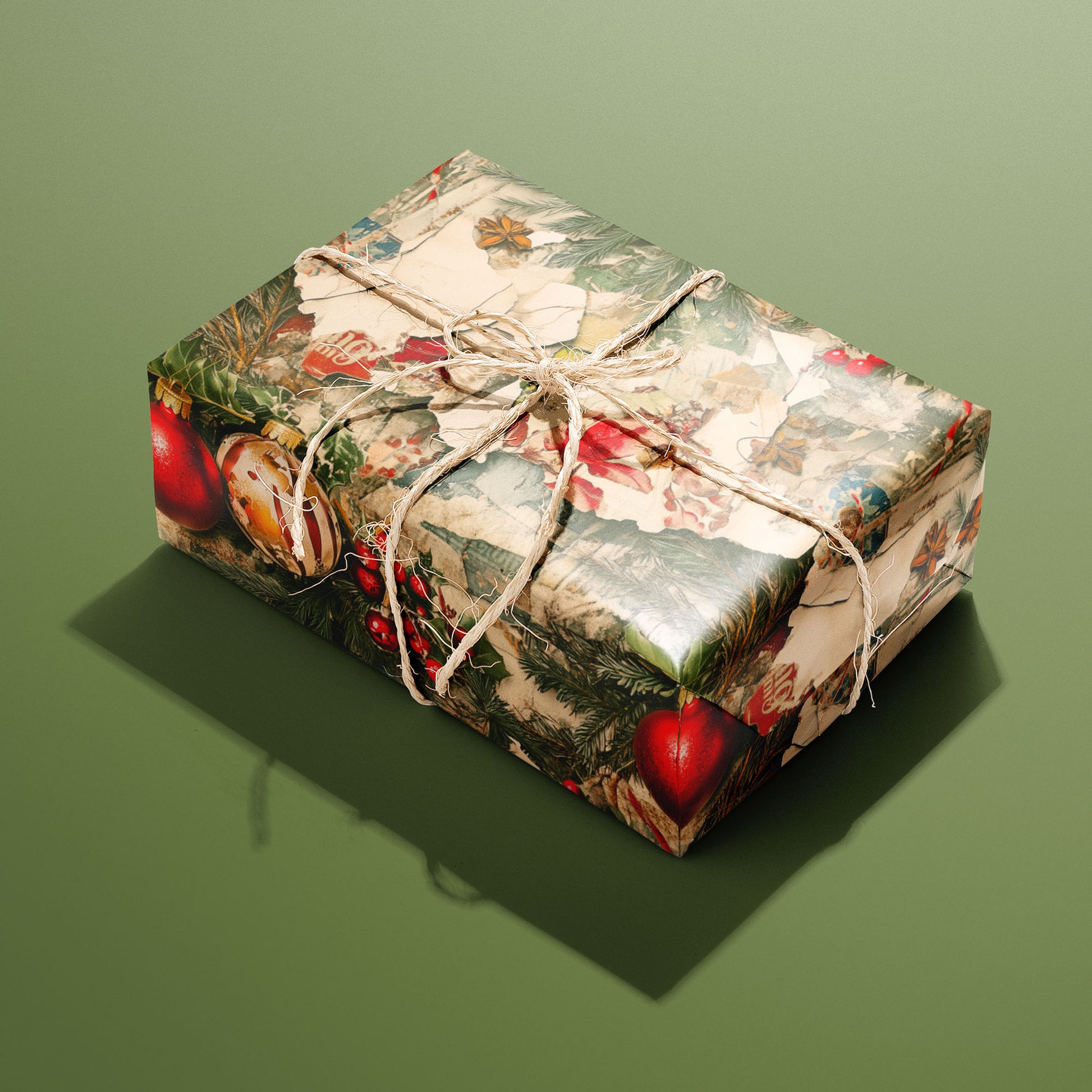 A single rectangular gift wrapped in Timeworn Tidings and tied with natural twine displays a torn-ephemera collage with pine, holly, and red ornaments on an olive green backdrop.