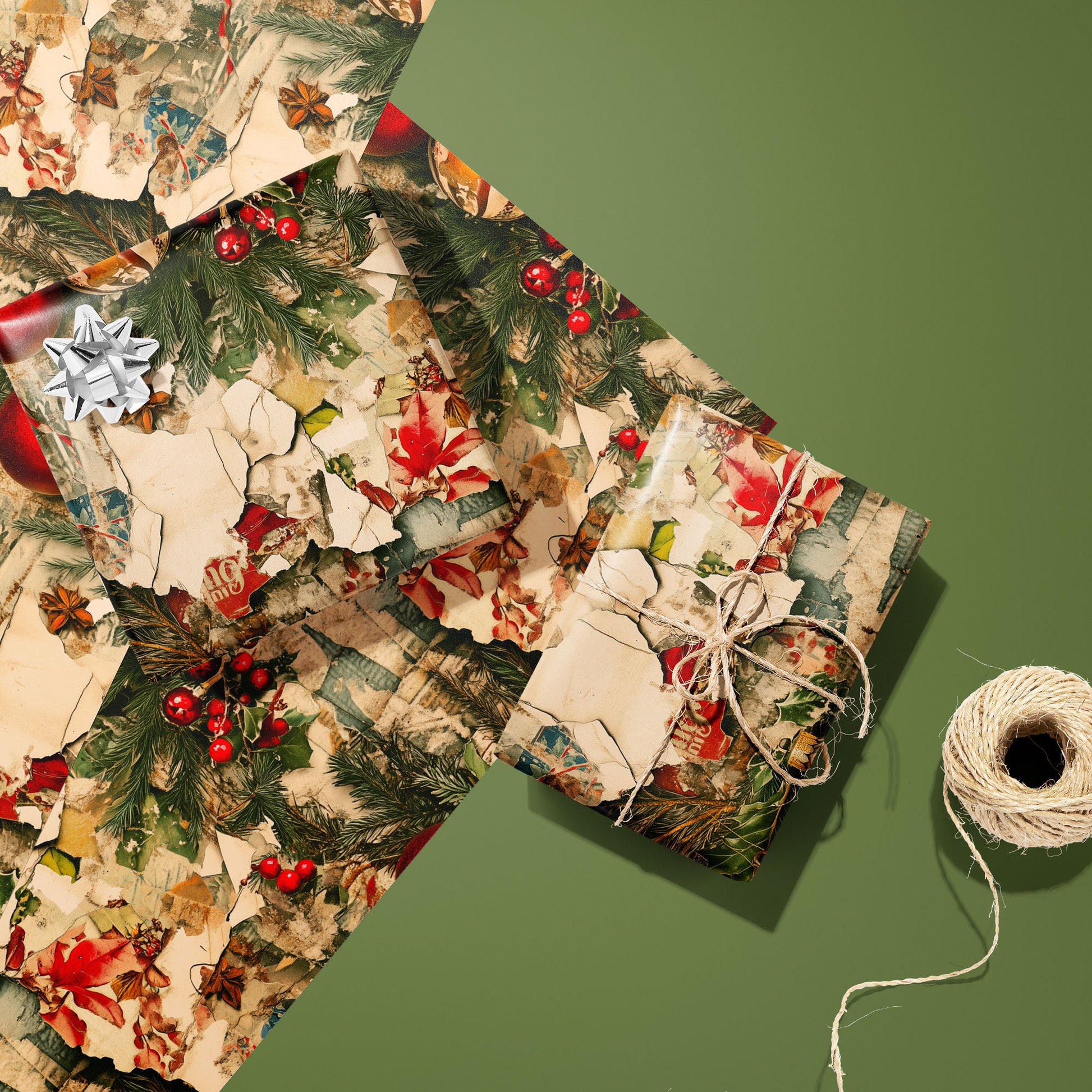 Two Timeworn Tidings gifts—one with a silver bow, one tied with twine—rest on two unused sheets beside a twine spool on an olive green surface, showing vintage pine and ornaments.